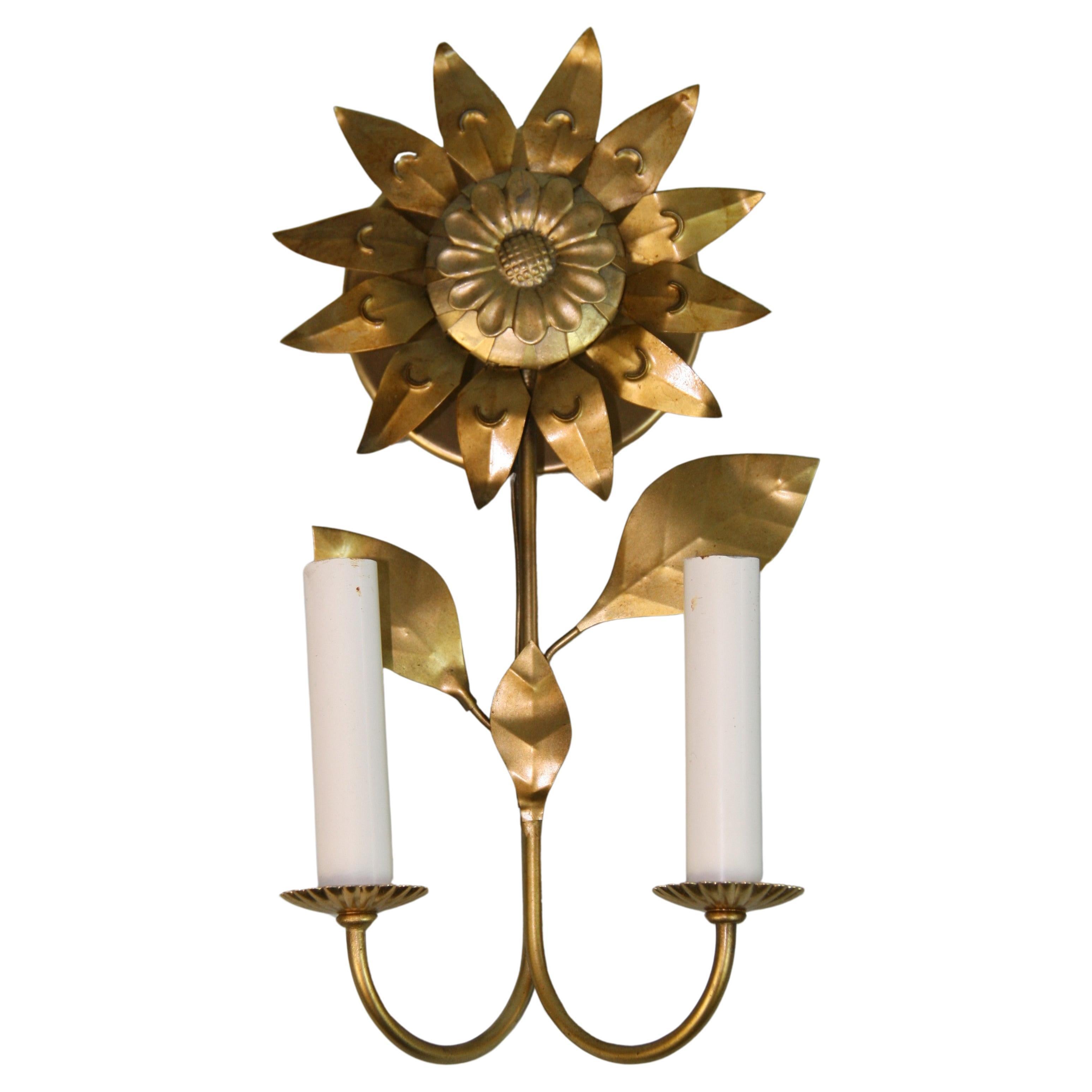 French Sunflower Tole Single Light Sconces a Pair 1960's For Sale