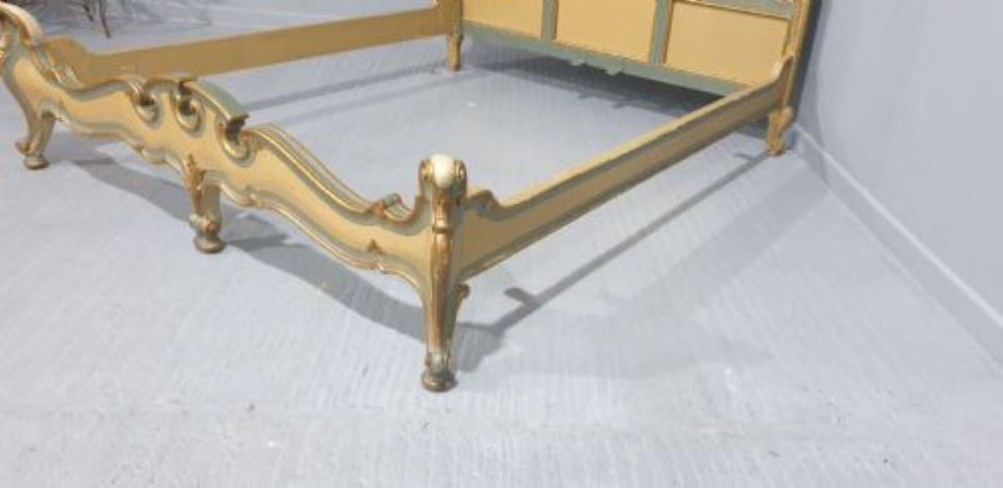 A superb painted and upholstered French super kingsize bed,  in excellent original parcel gilt and painted condition, comes with new slatted pine bed base.