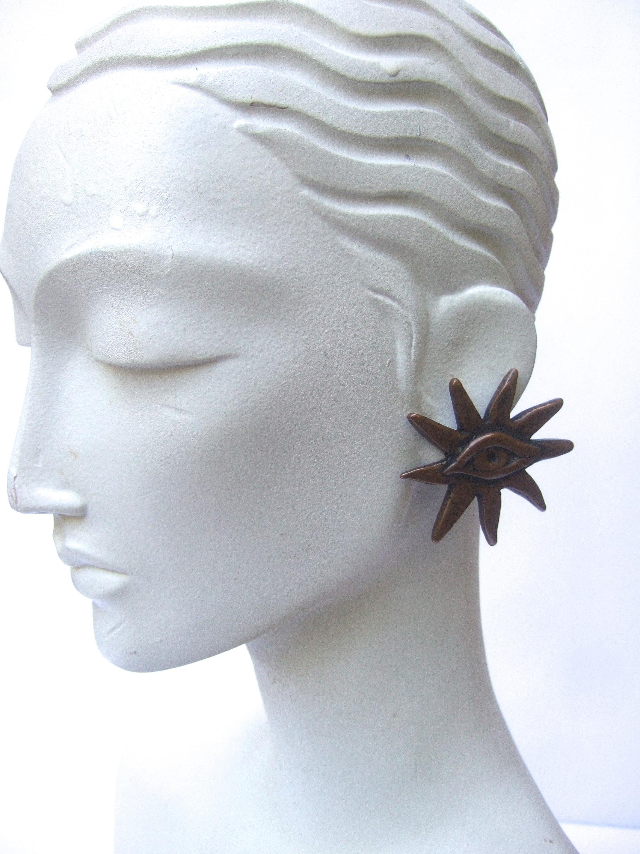 Women's French Surrealist Designer Bronze Sunburst Clip on Eye Themed Earrings c 1980