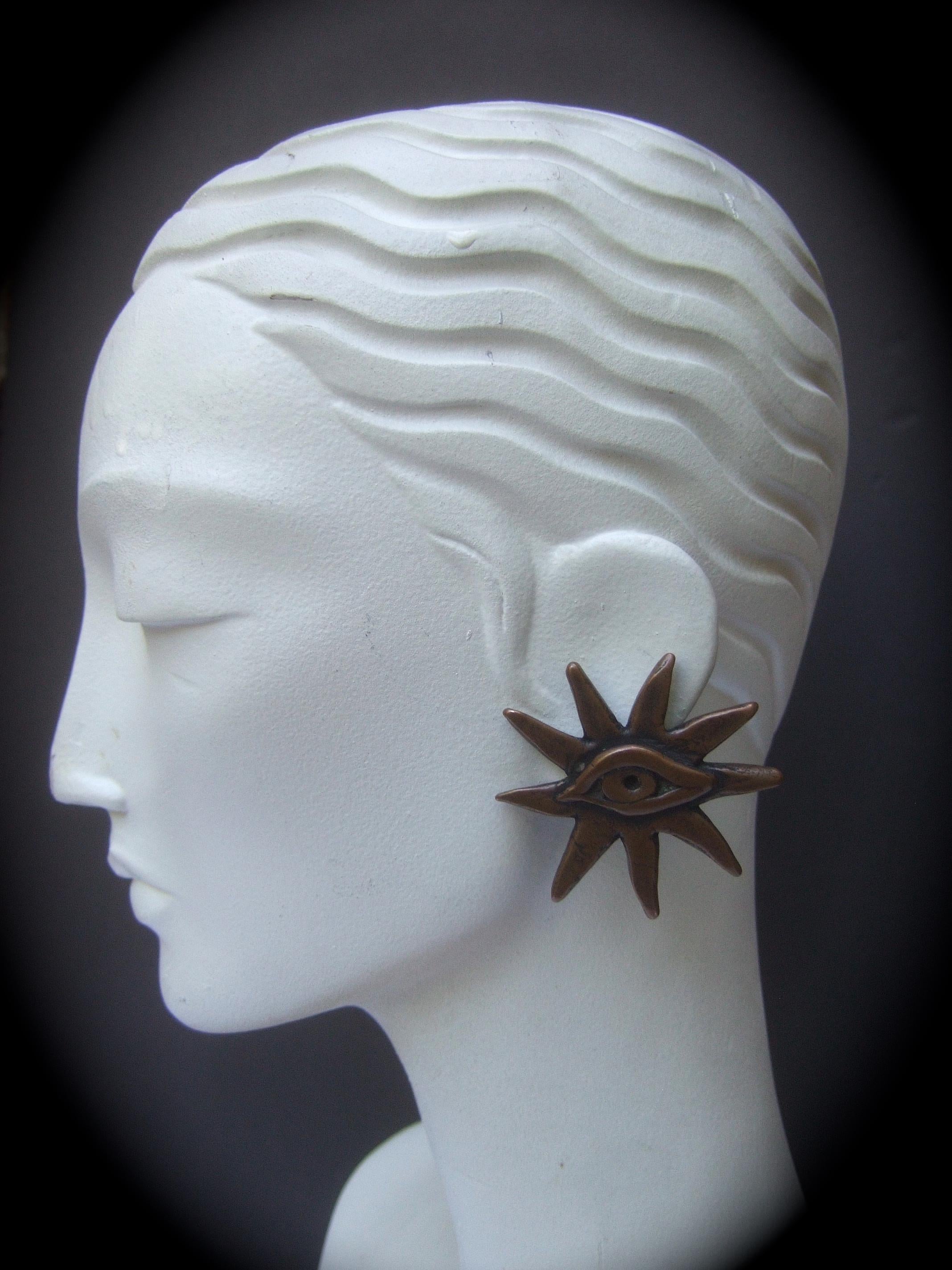 French Surrealist Designer Bronze Sunburst Clip on Eye Themed Earrings c 1980 2