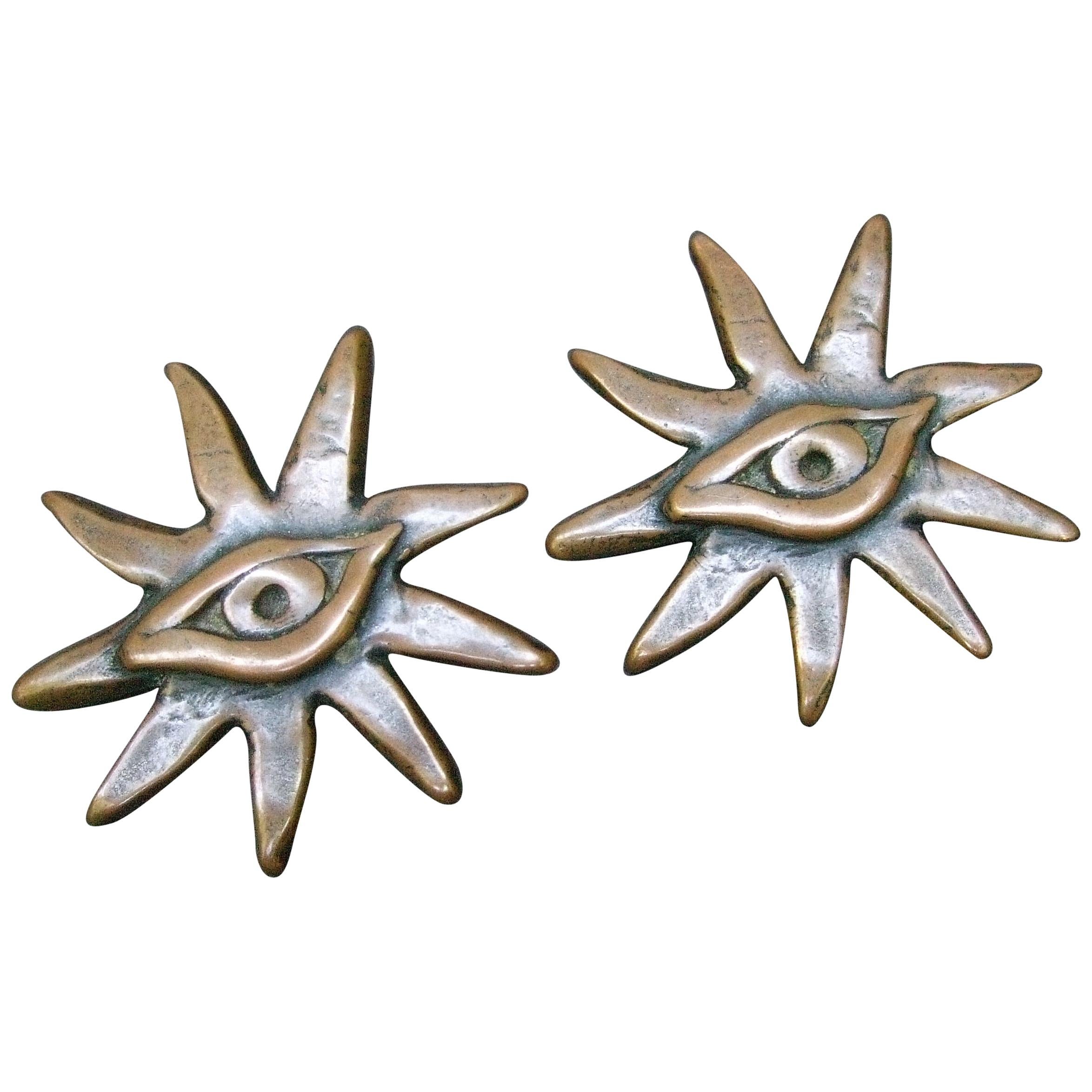 French Surrealist Designer Bronze Sunburst Clip on Eye Themed Earrings c 1980