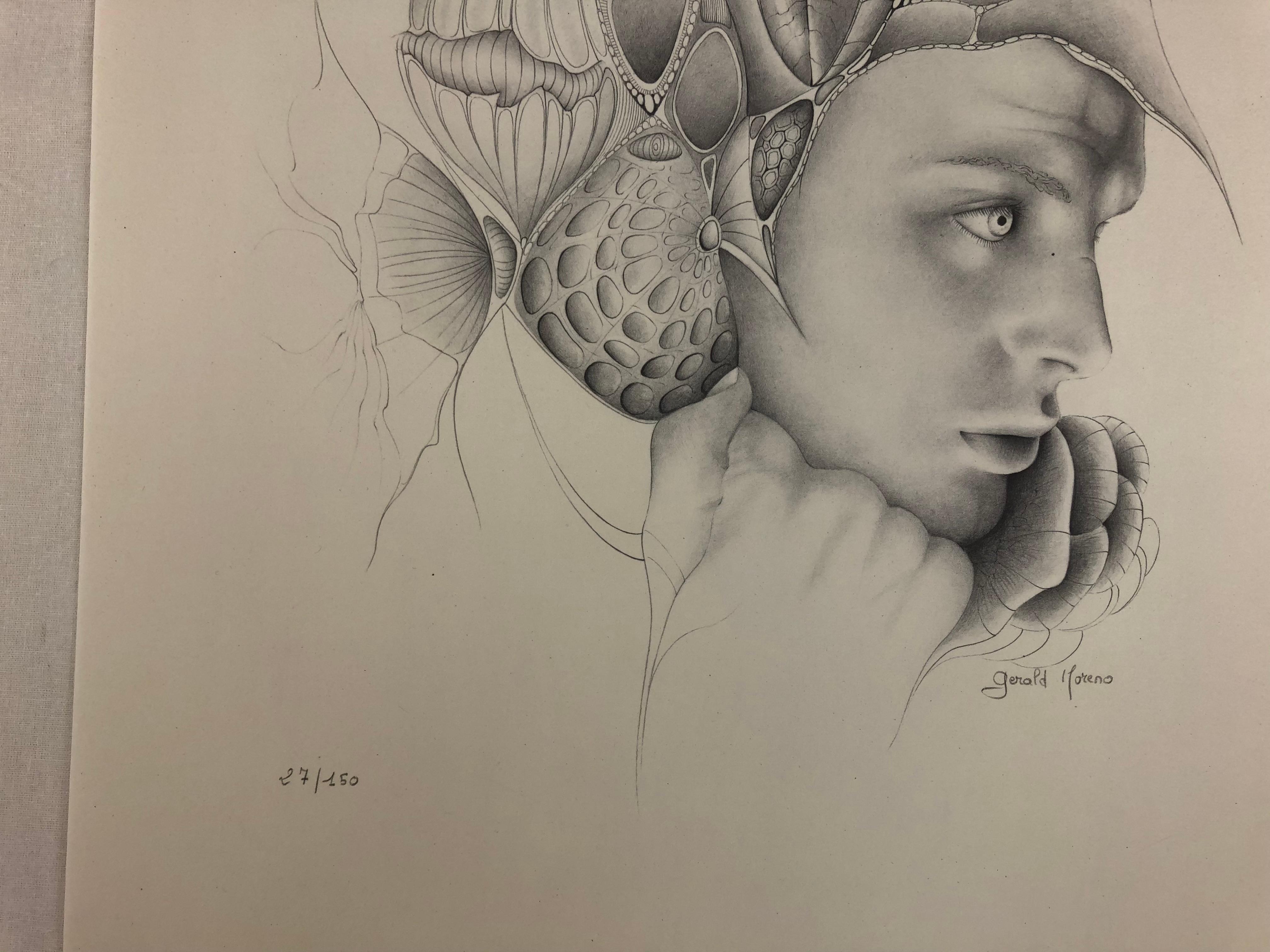 Intrigante litografía surrealista de obra de arte contemporánea firmada por el artista francés Gerald Moreno. 
La obra de Moreno se describe a menudo como 