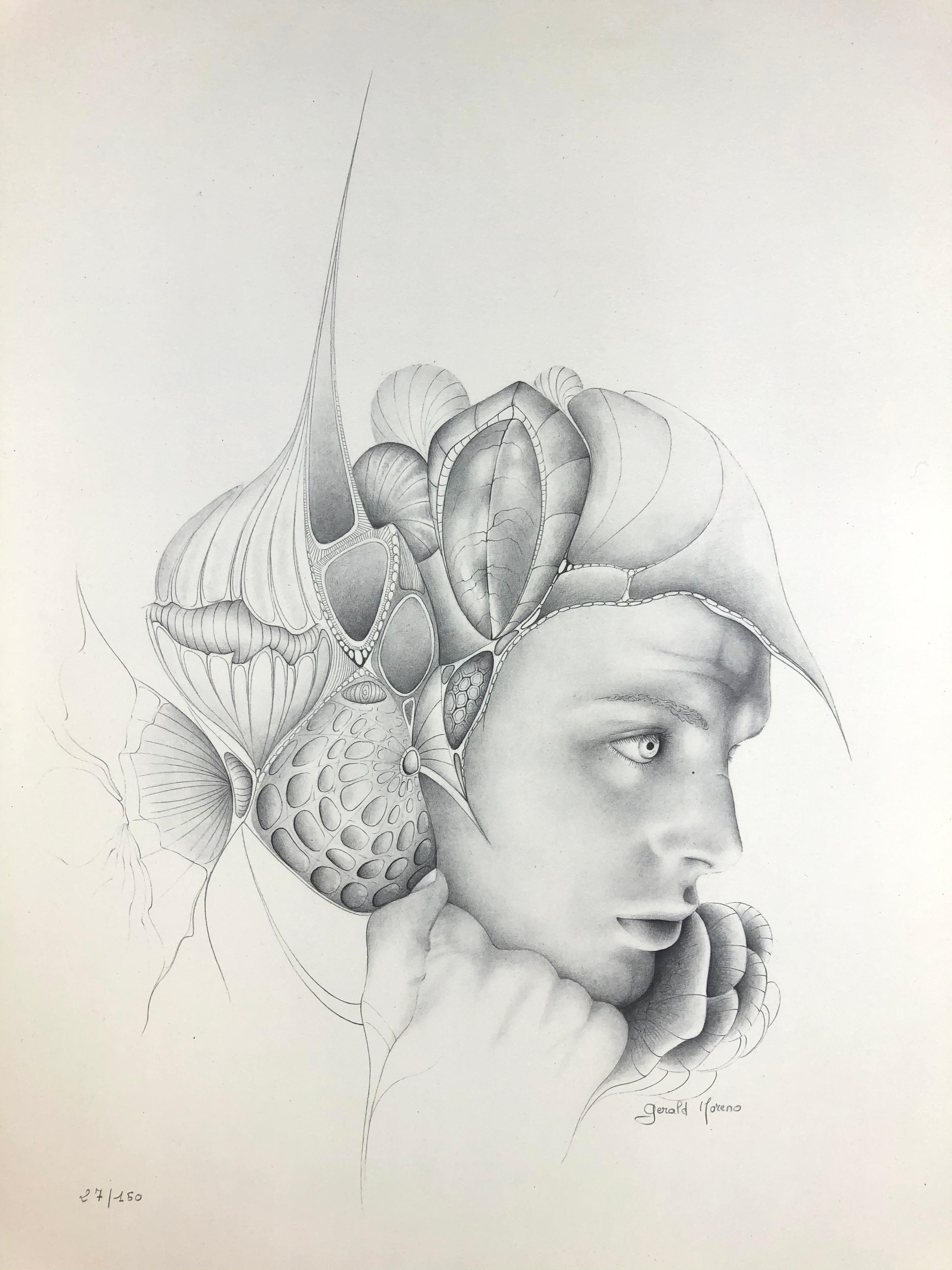 Dibujo surrealista francés inspirado en Dalí, firmado por Gerald Moreno en Bueno estado para la venta en Miami, FL