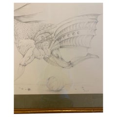 Graphitzeichnung eines hybriden Wesens eines französischen Surrealisten, datiert 1974, zugeschrieben. Antoine Duc