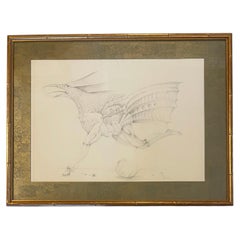 Graphitzeichnung eines hybriden Wesens eines französischen Surrealisten, datiert 1974, zugeschrieben. Antoine Duc
