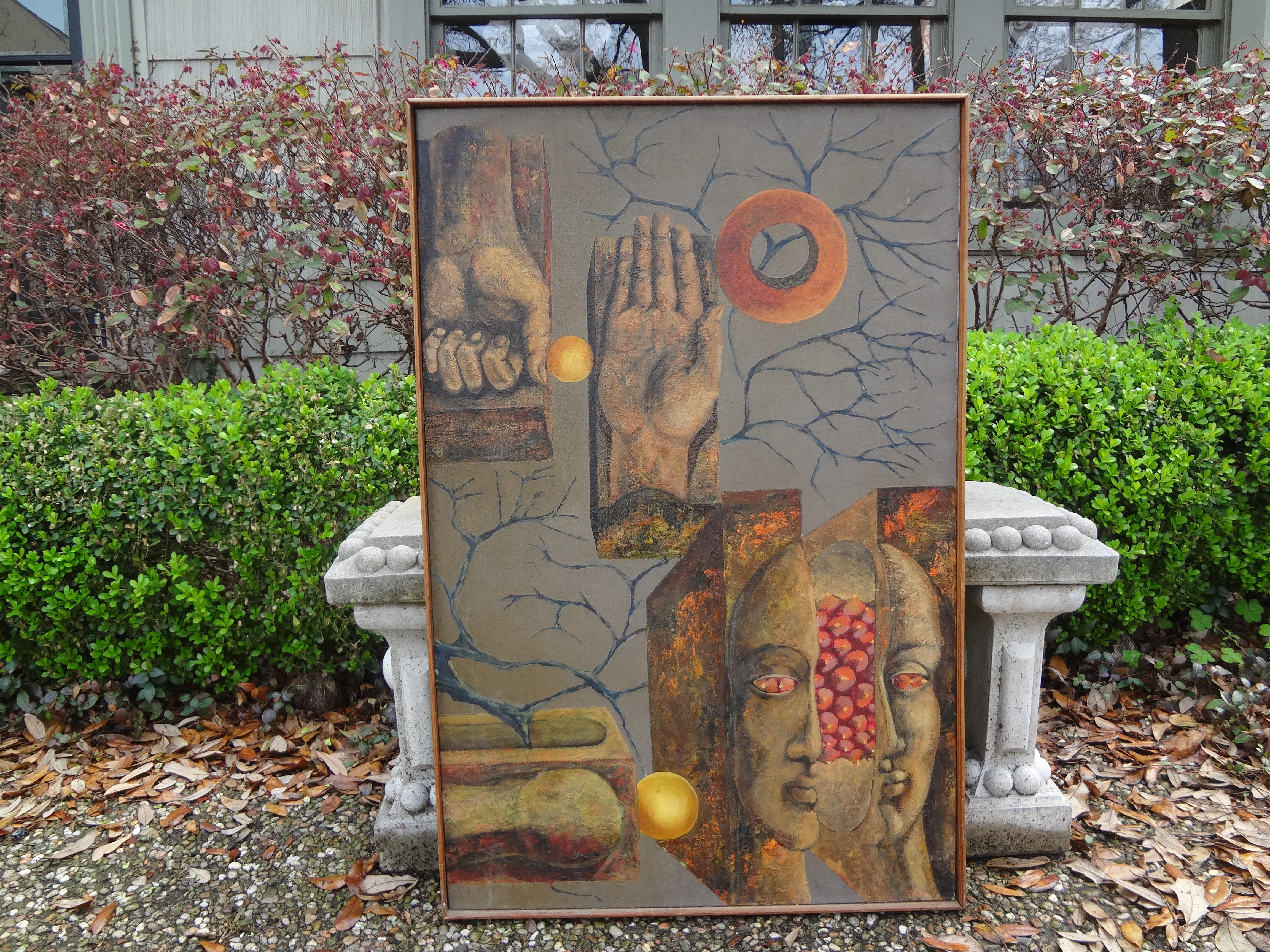 Fantastico dipinto surrealista francese a olio su tela, firmato Jamotte, 1964, Riquewihr, Francia (una famosa colonia di artisti nella regione dell'Alsazia). Questo dipinto a olio surreale di scuola francese è un grande esempio di surrealismo