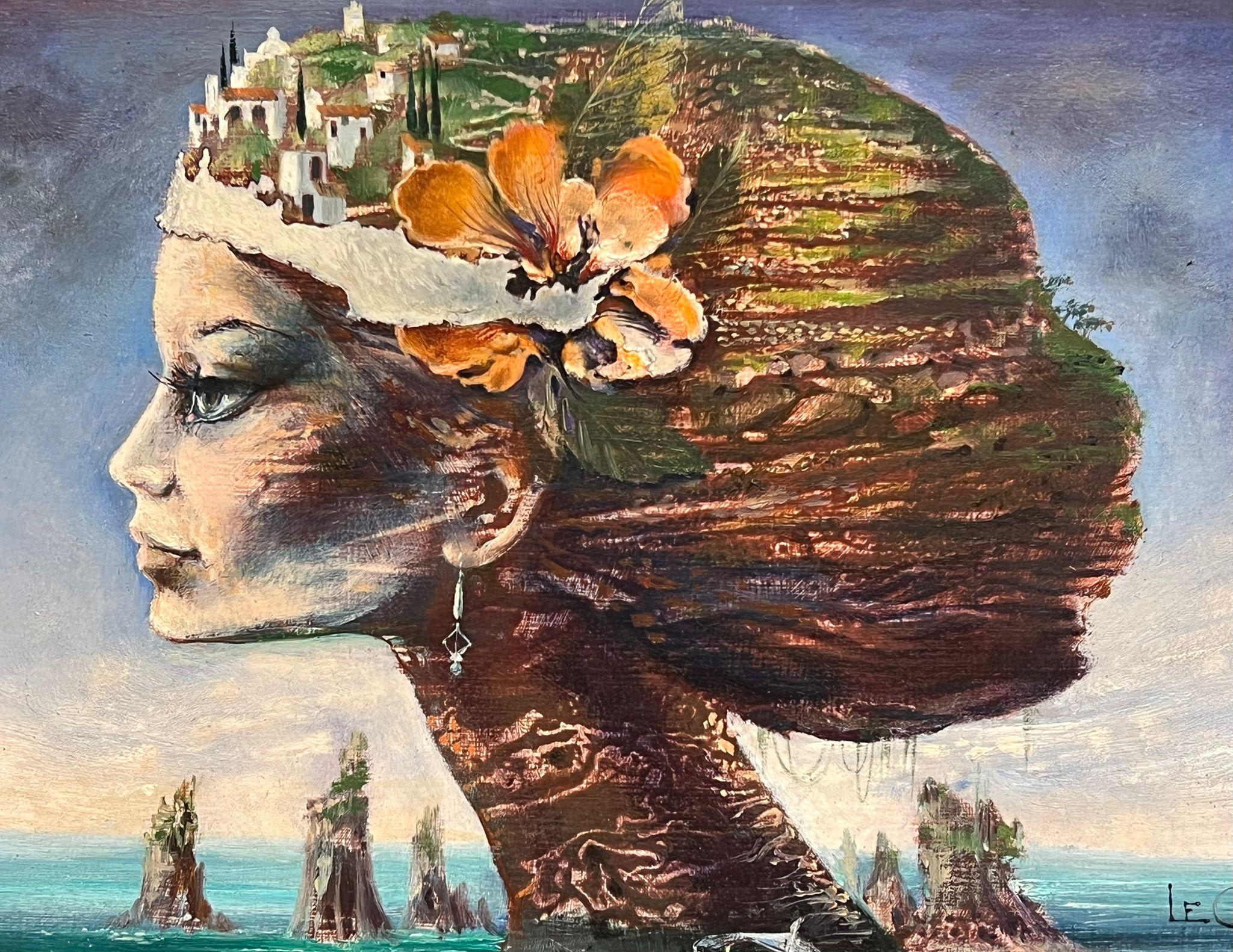 Ritratto surrealista di donna con capelli da paesaggio del XX secolo, olio firmato in vendita 5