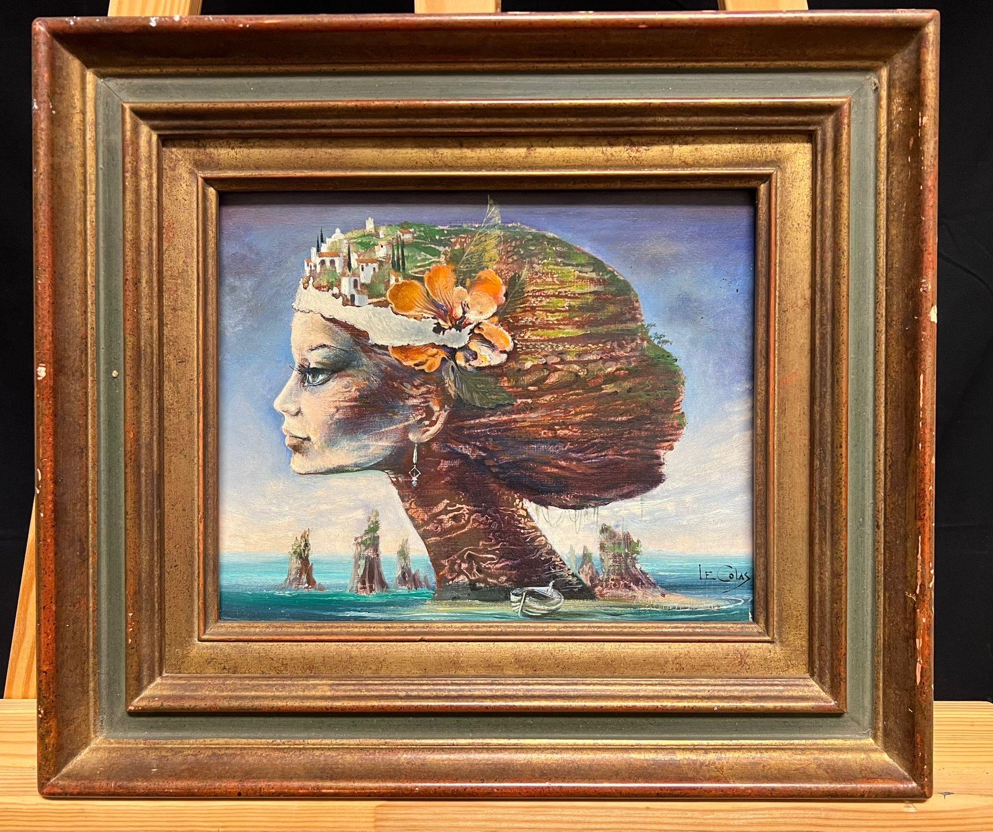 Ritratto surrealista di donna con capelli da paesaggio del XX secolo, olio firmato - Painting di French Surrealist