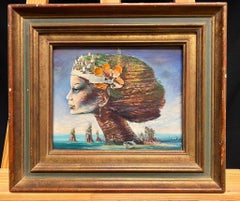 20th Century French Surrealist Portrait of Woman with Landscape Hair signed oil
