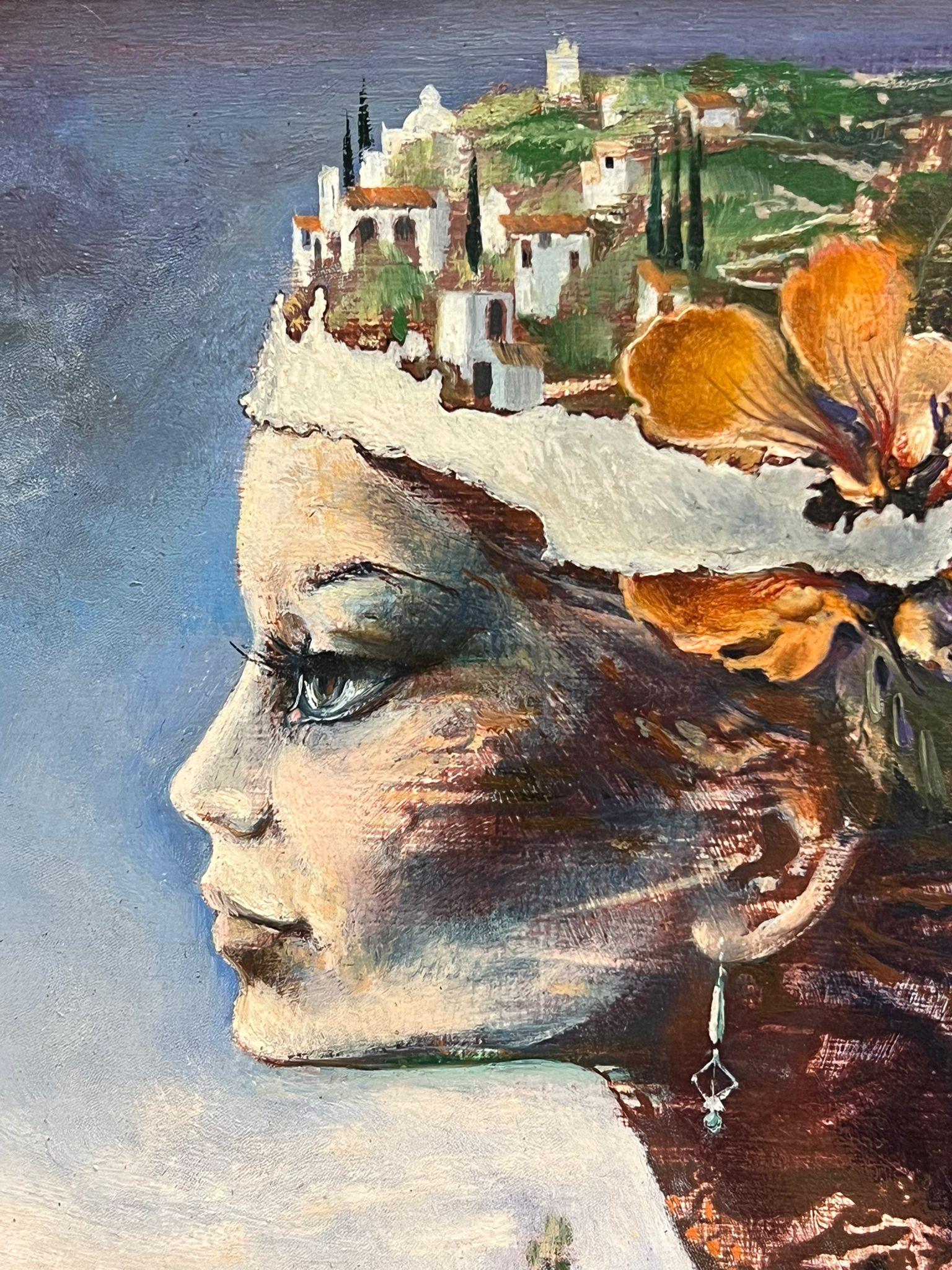 Ritratto surrealista di donna con capelli da paesaggio del XX secolo, olio firmato in vendita 4