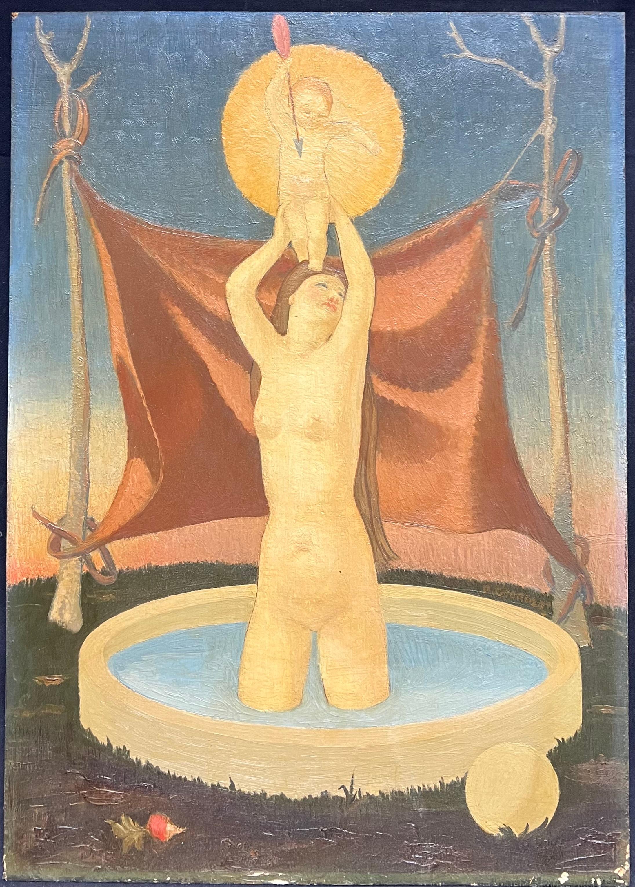 Diana bañándose con Cupido  Pintura al óleo surrealista francesa de mediados del siglo XX - Painting de French Surrealist