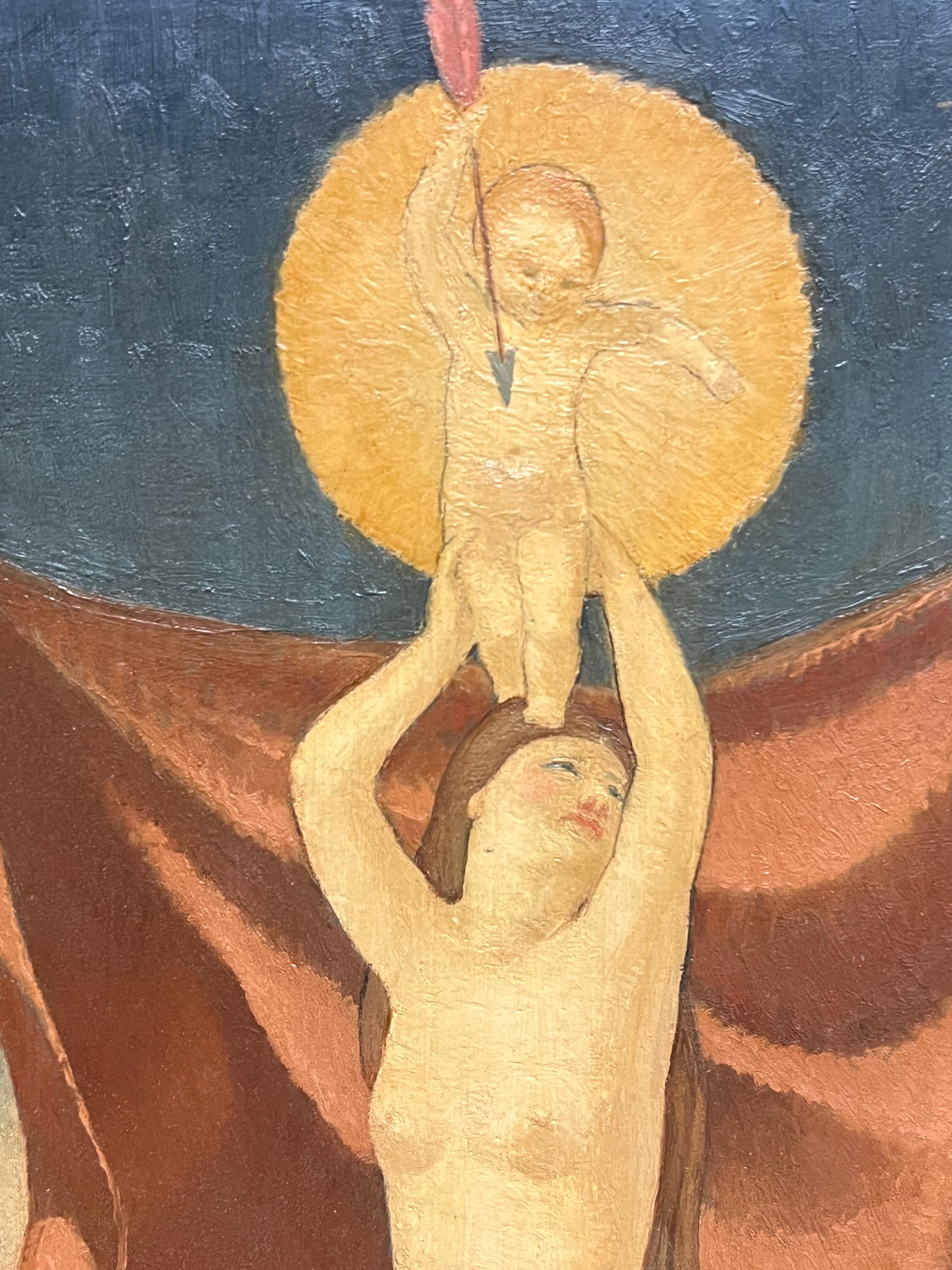Diana bañándose con Cupido  Pintura al óleo surrealista francesa de mediados del siglo XX - Painting Surrealista de French Surrealist