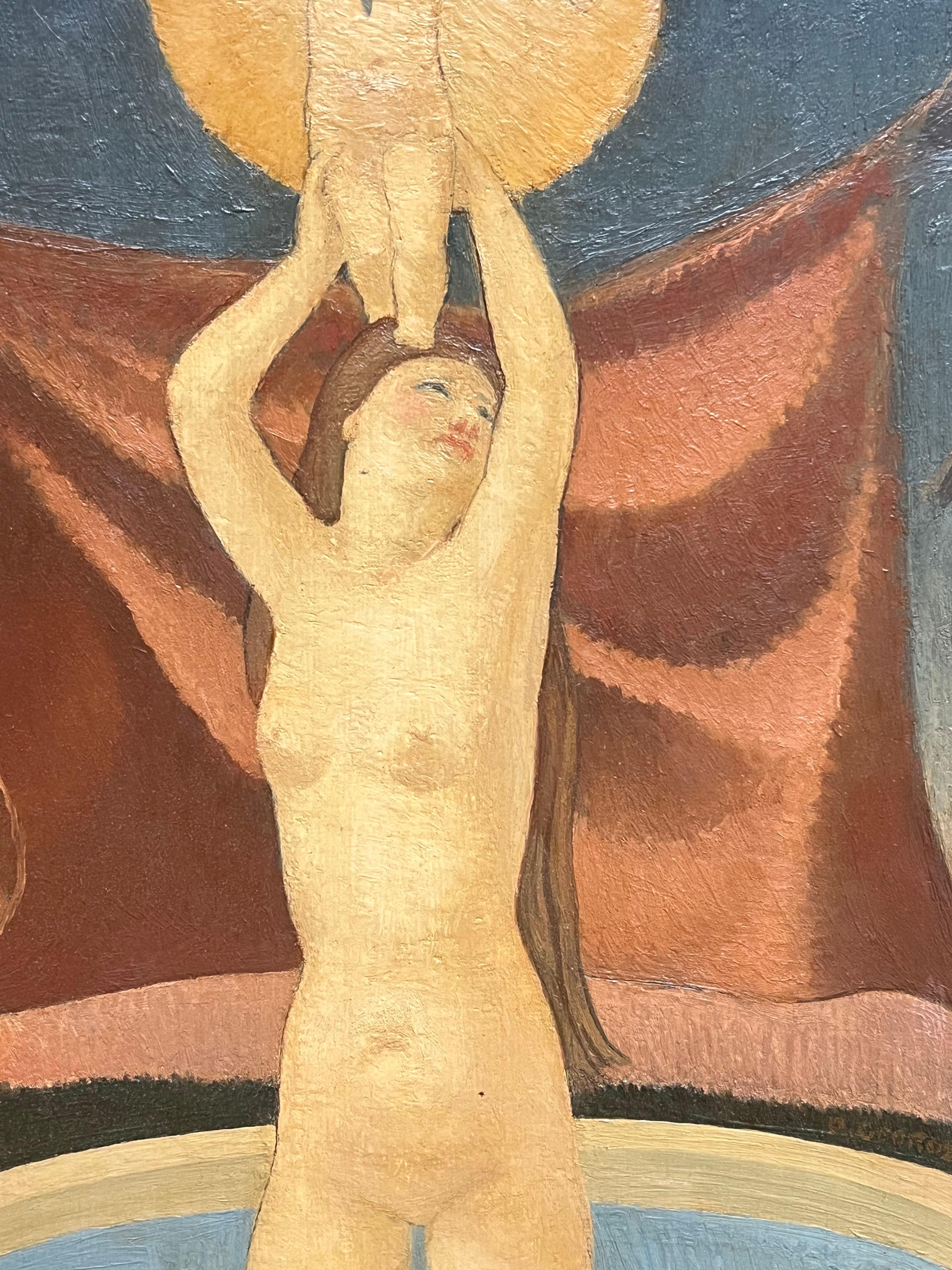 Diana bañándose con Cupido  Pintura al óleo surrealista francesa de mediados del siglo XX - Nude Painting Marrón de French Surrealist