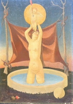 Diana beim Baden mit Amor  Mitte des 20. Jahrhunderts Französisch Surrealist Ölgemälde