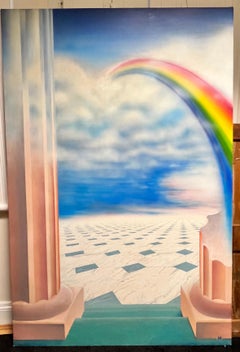 Enormous 1980's French Surrealist Painting Rainbow over Greek Fantasy Landscape