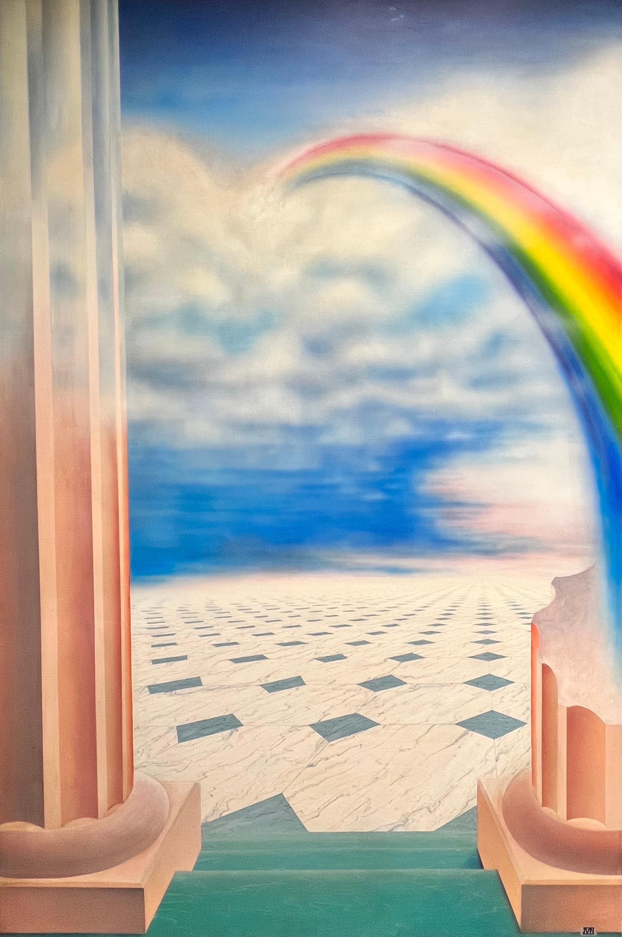 Énorme peinture surréaliste française des années 1980 représentant un arc-en-ciel sur un paysage fantastique grec