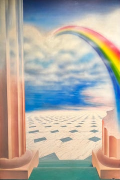 Énorme peinture surréaliste française des années 1980 représentant un arc-en-ciel sur un paysage fantastique grec