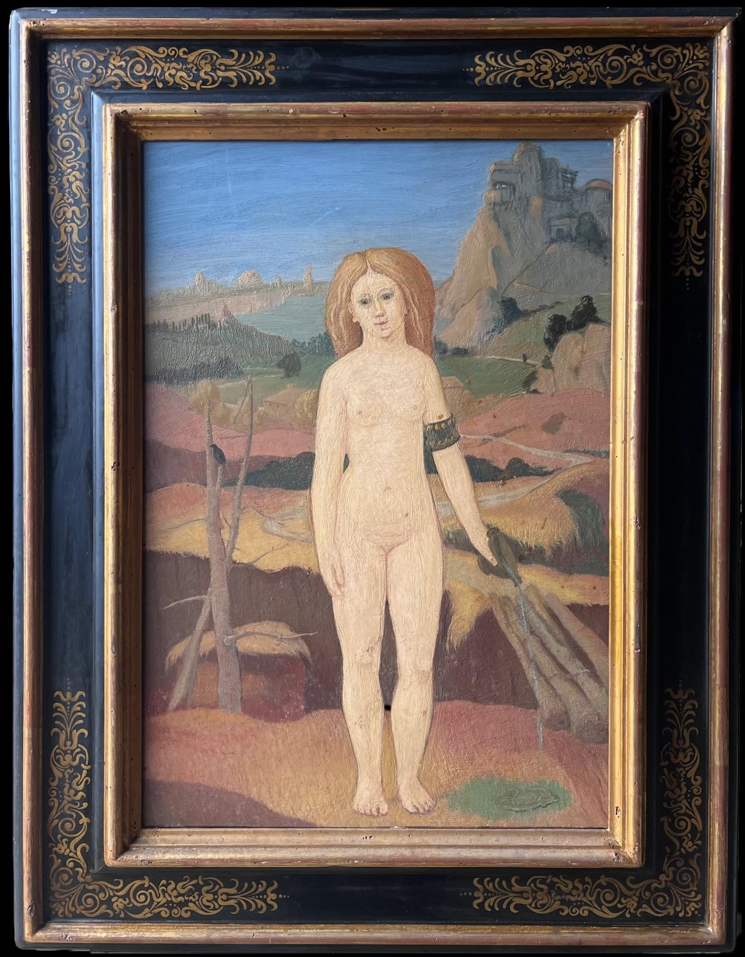 French Surrealist Landscape Painting – Großes französisches surrealistisches Ölgemälde Nackte Frau in Fantasielandschaft stehend