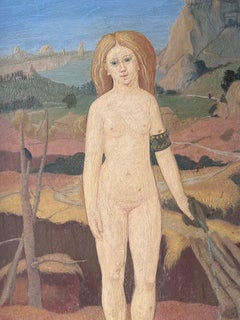Mid 20th Century French Surrealist Oil Painting Nude Woman Standing