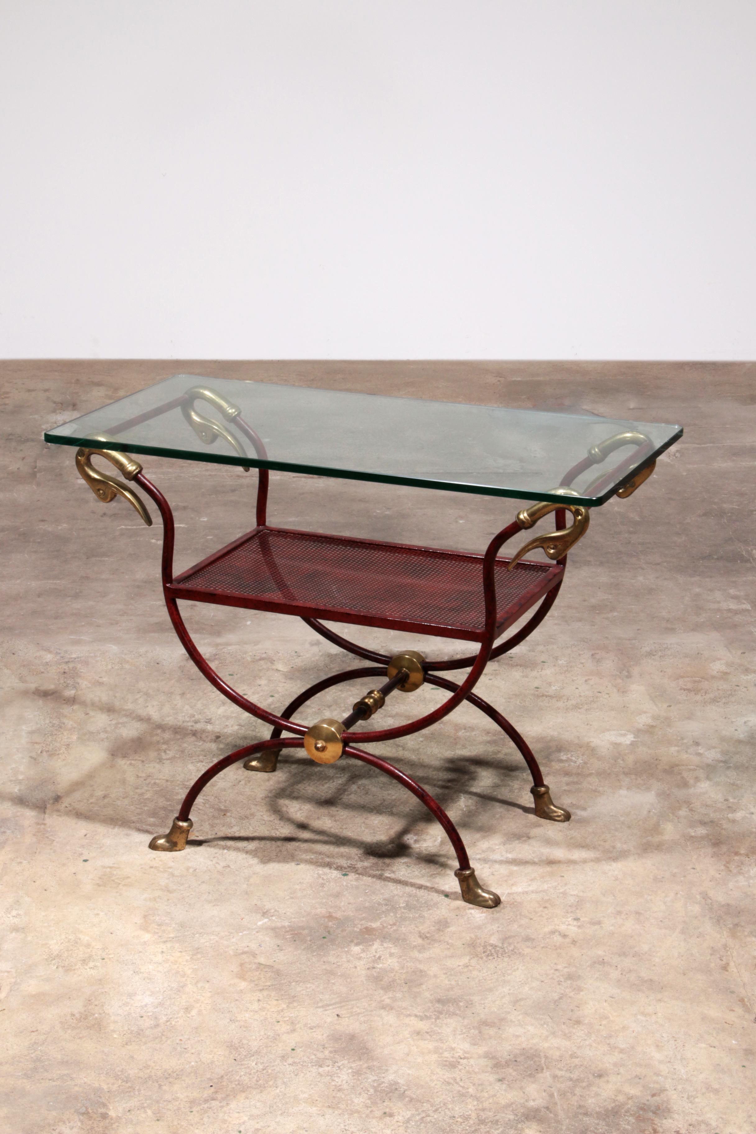 This exquisite Neo-Classical Swan Neck Curule Chair, attributed to the renowned Maison Jansen, is a stunning addition to any outdoor setting or poolside area. Crafted from Bordeaux lacquered metal, it features elegant brass details that exude