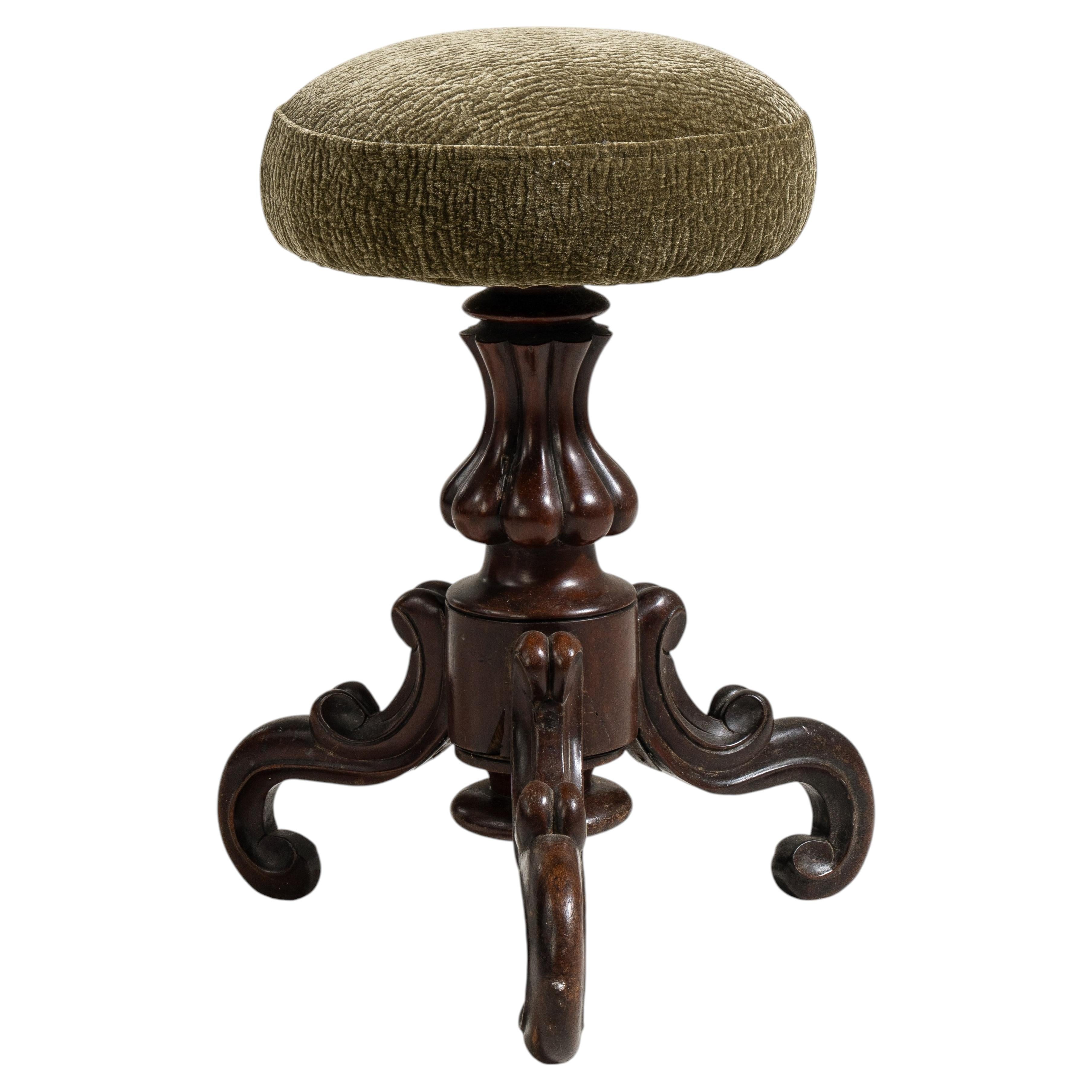 French Antique Swivel Piano Stool, Wood, Adjustable, 19th Century For Sale