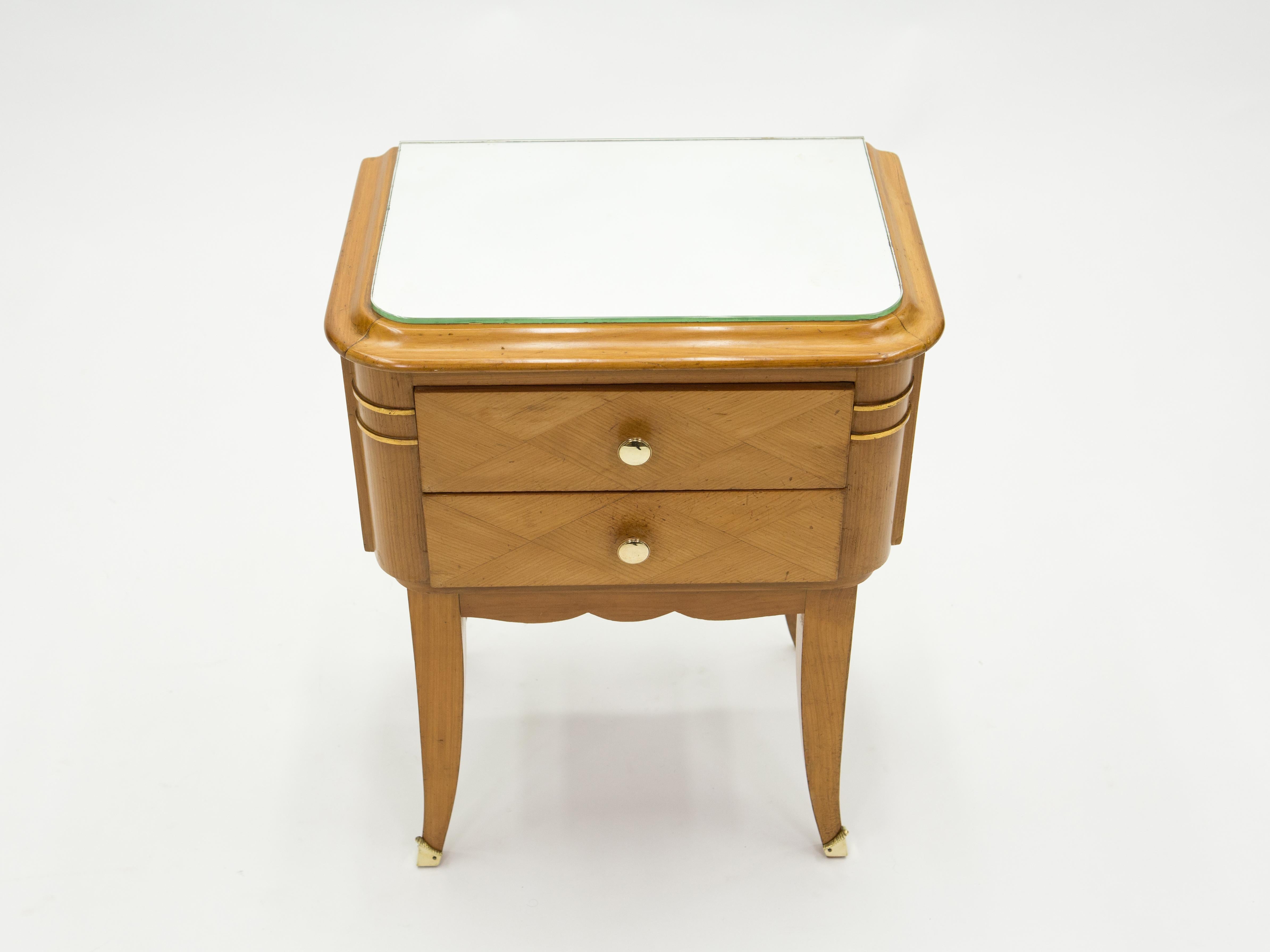 French Sycamore Brass Nightstands 2 Drawers by Jean Pascaud, 1940s For Sale 5