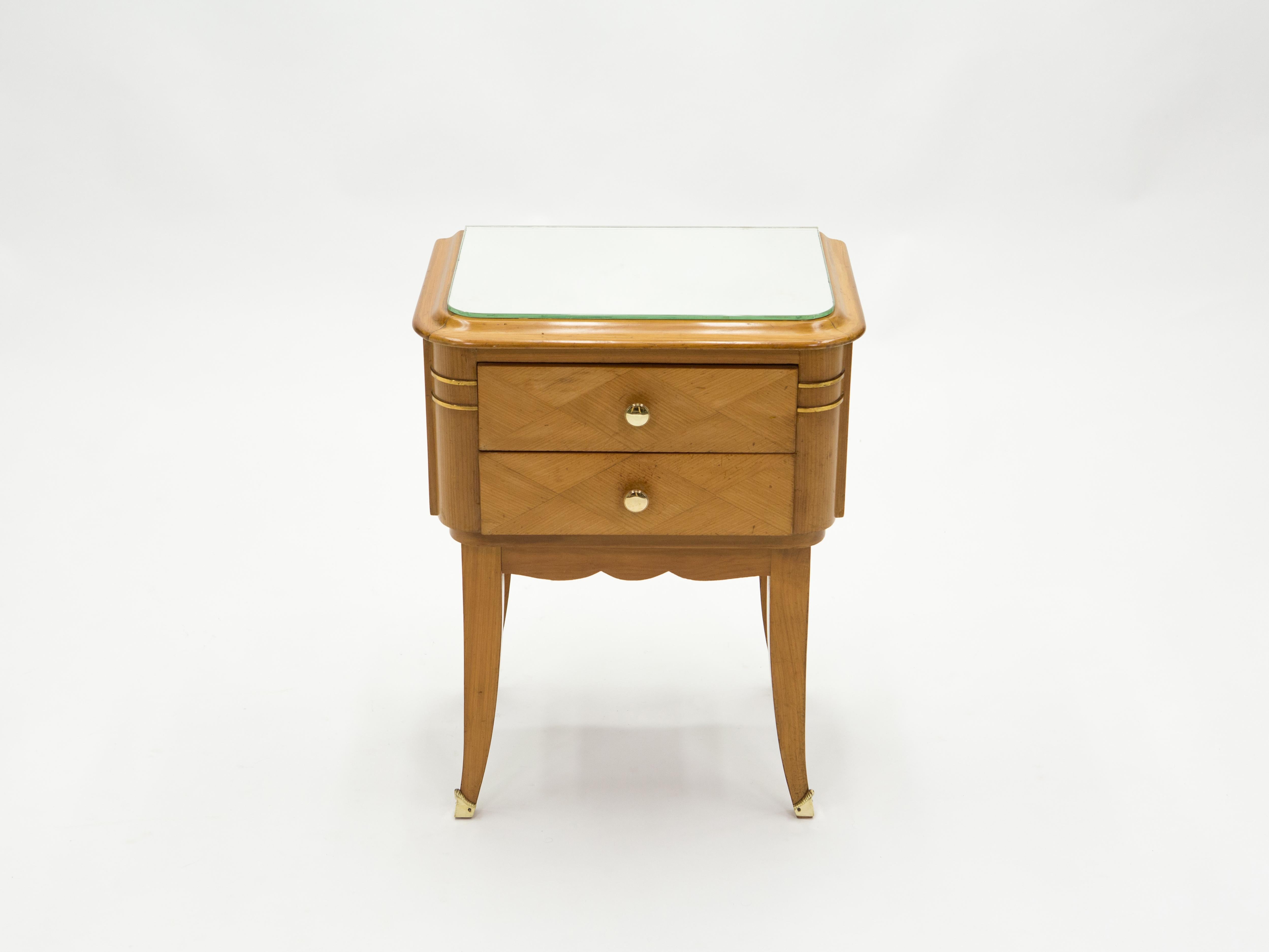 French Sycamore Brass Nightstands 2 Drawers by Jean Pascaud, 1940s For Sale 7