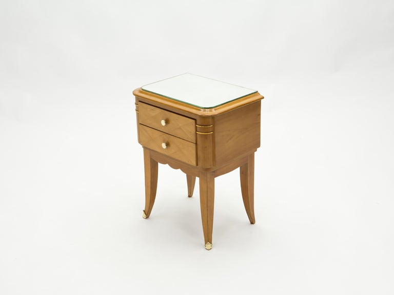 French Sycamore Brass Nightstands 2 Drawers by Jean Pascaud, 1940s For Sale 8