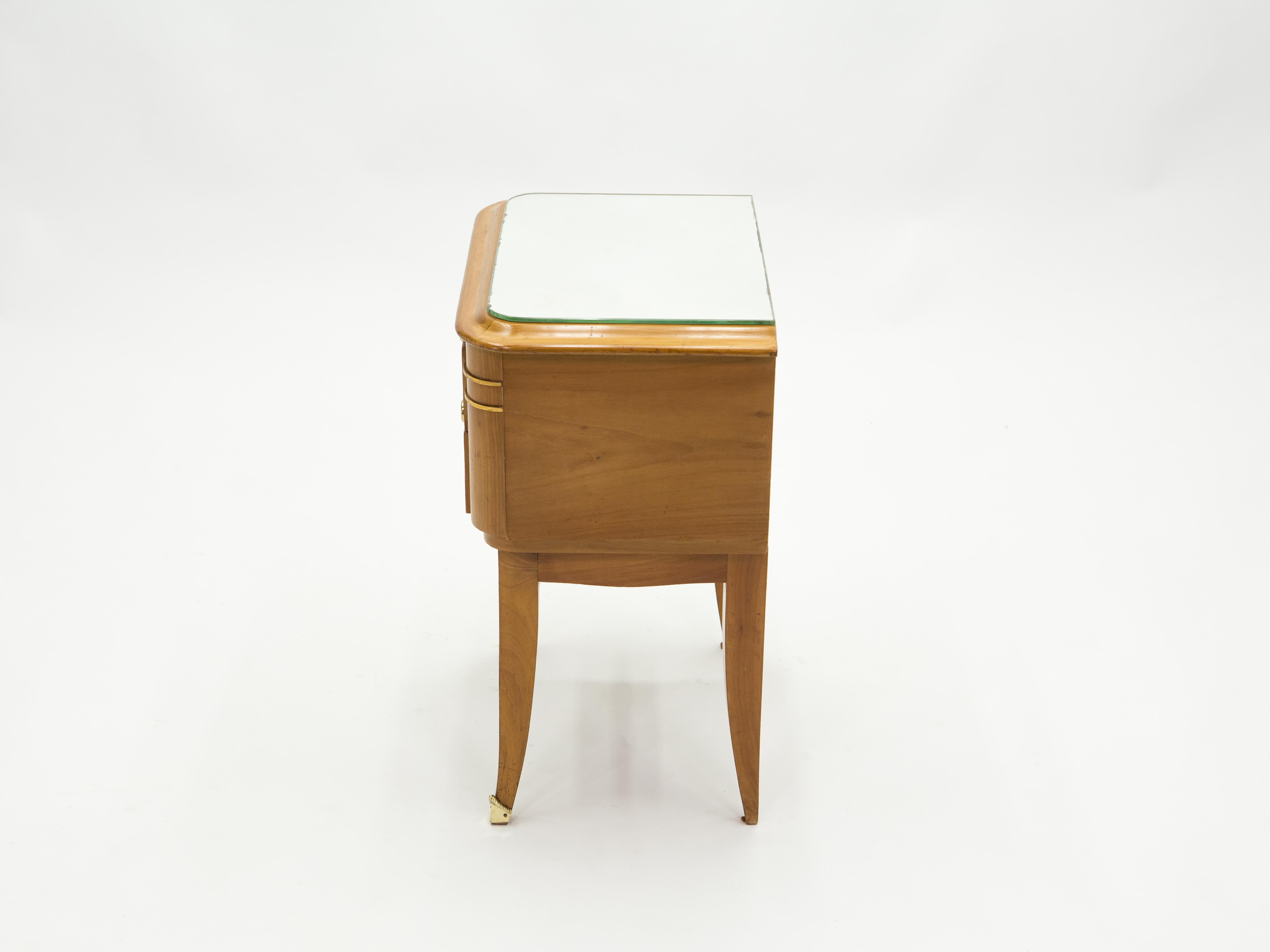 French Sycamore Brass Nightstands 2 Drawers by Jean Pascaud, 1940s For Sale 9