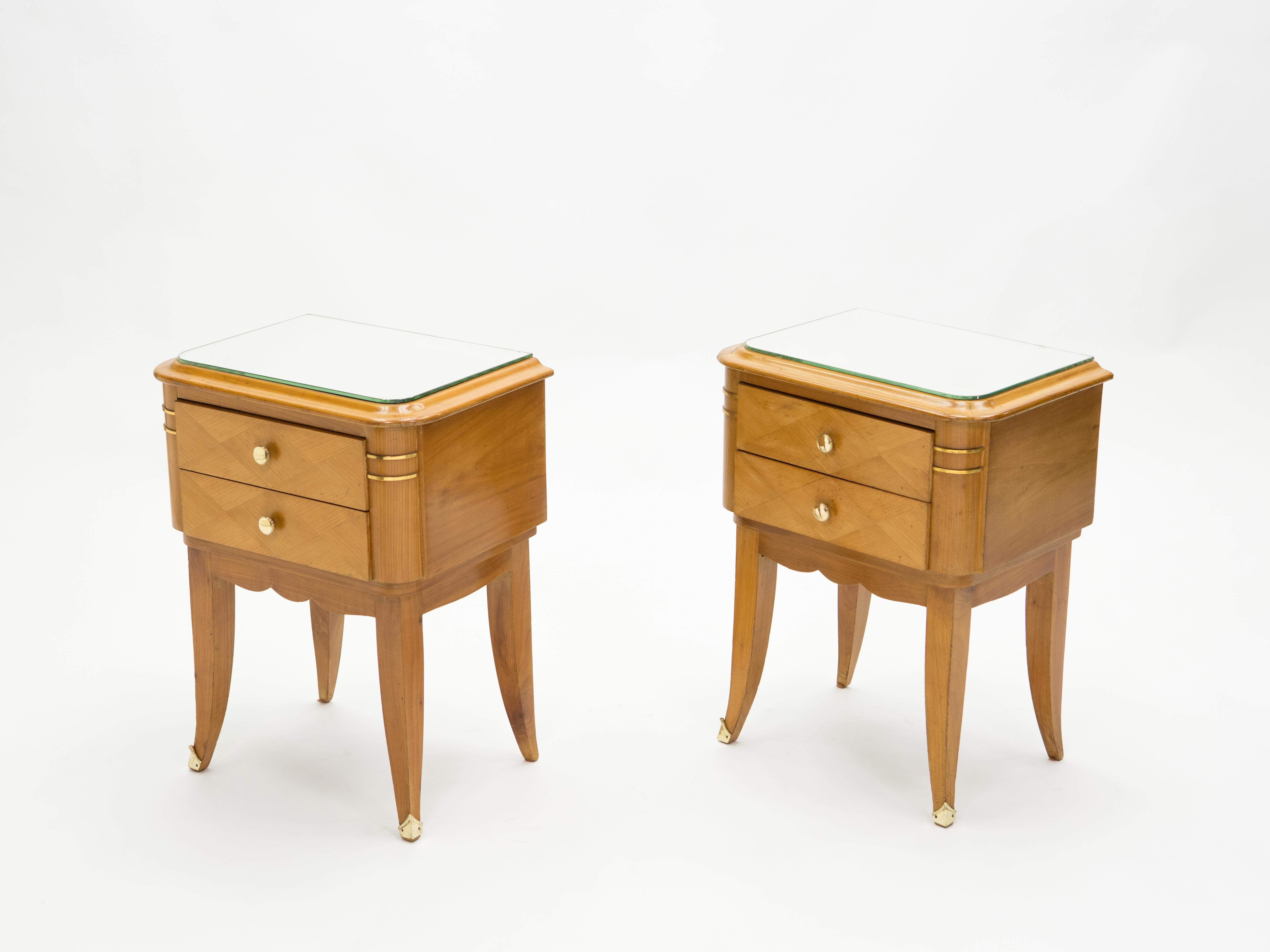 Mid-Century Modern French Sycamore Brass Nightstands 2 Drawers by Jean Pascaud, 1940s For Sale