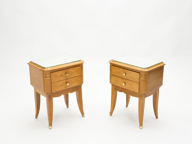 French Sycamore Brass Nightstands 2 Drawers by Jean Pascaud, 1940s In Good Condition For Sale In Paris, FR
