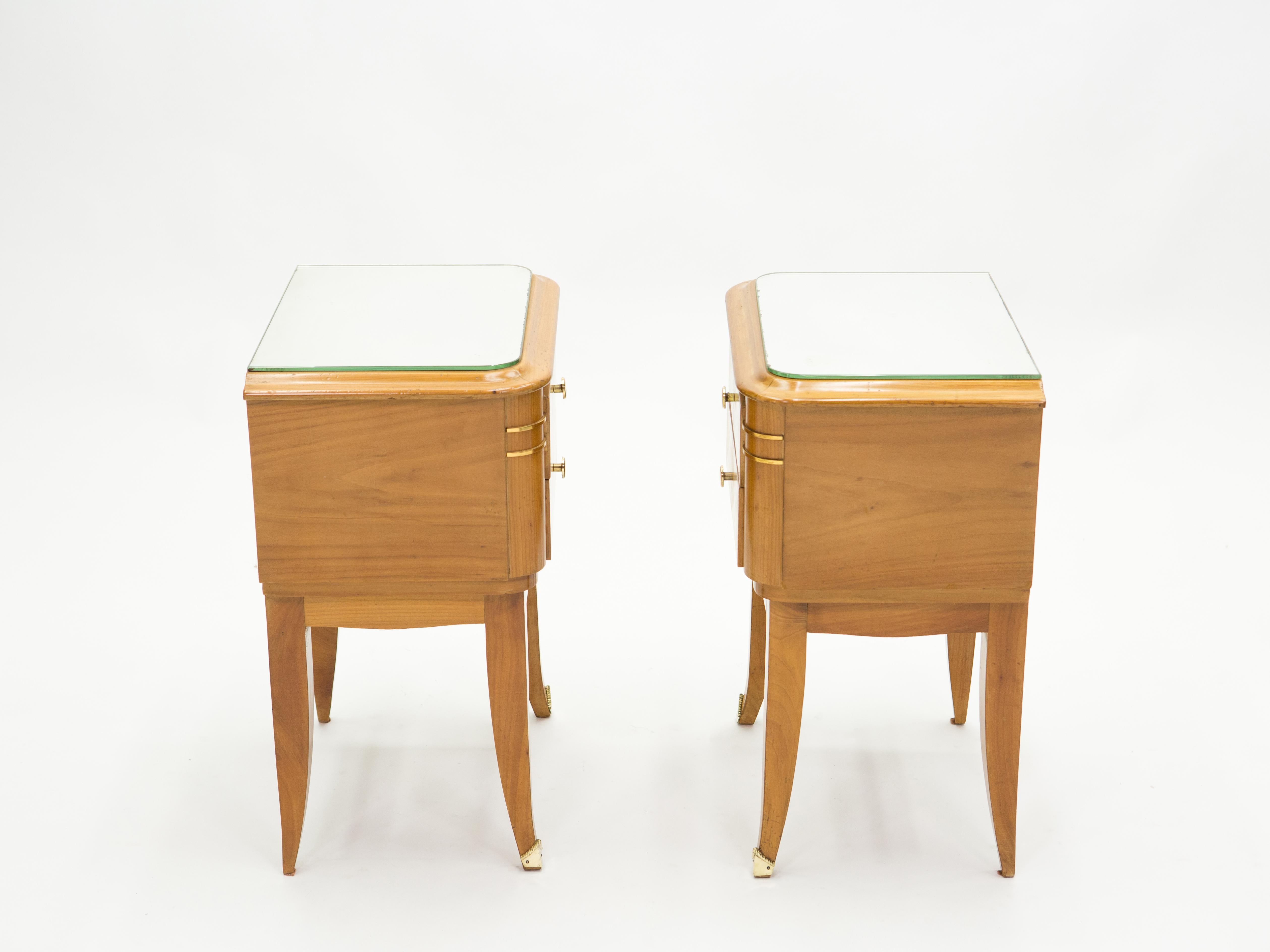Late 20th Century French Sycamore Brass Nightstands 2 Drawers by Jean Pascaud, 1940s For Sale