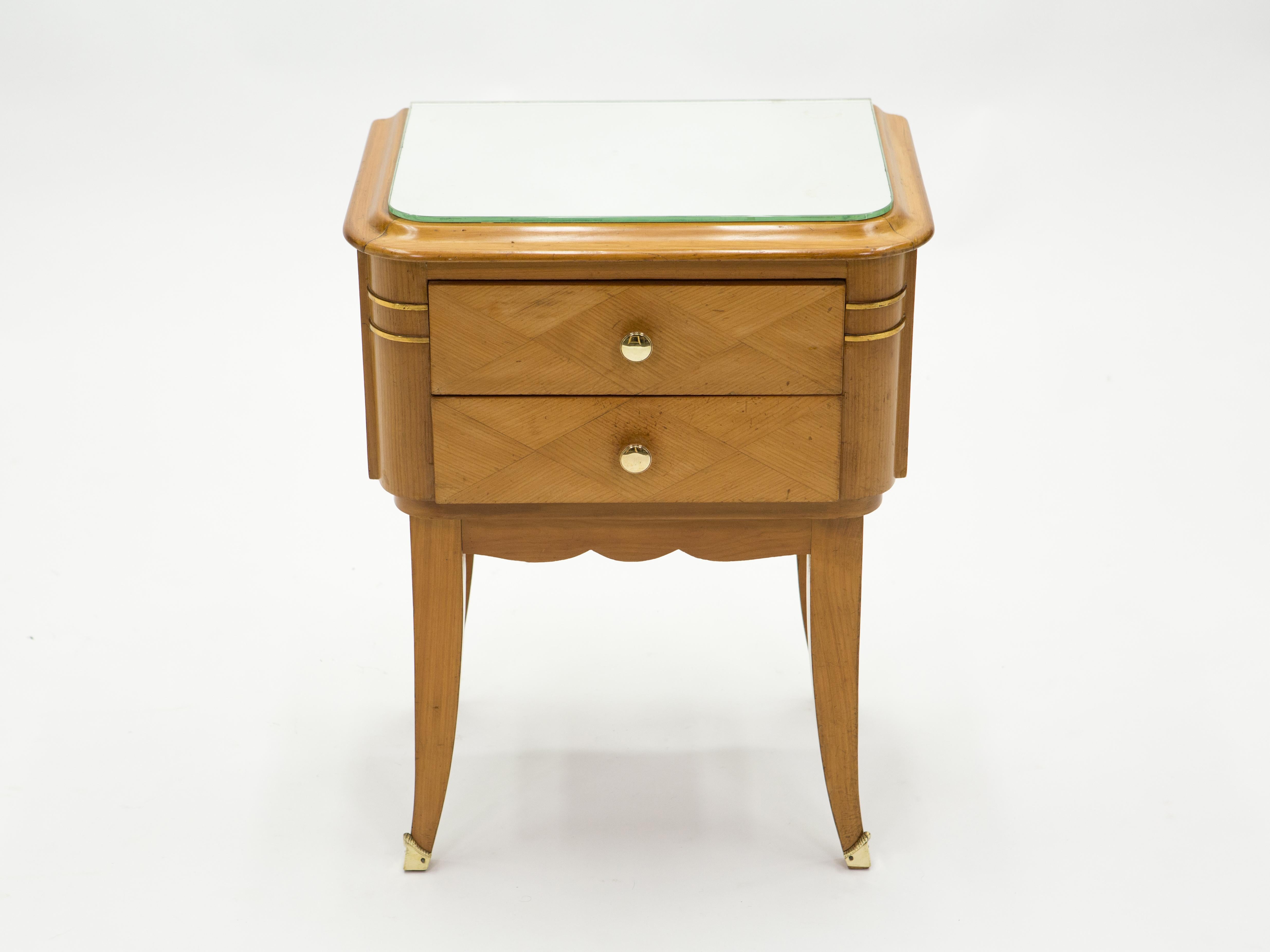 French Sycamore Brass Nightstands 2 Drawers by Jean Pascaud, 1940s For Sale 1