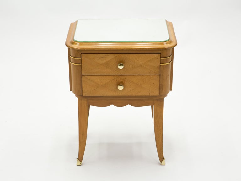 French Sycamore Brass Nightstands 2 Drawers by Jean Pascaud, 1940s For Sale 1