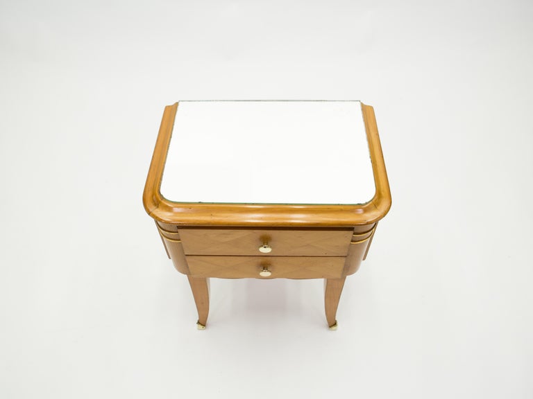 French Sycamore Brass Nightstands 2 Drawers by Jean Pascaud, 1940s For Sale 3