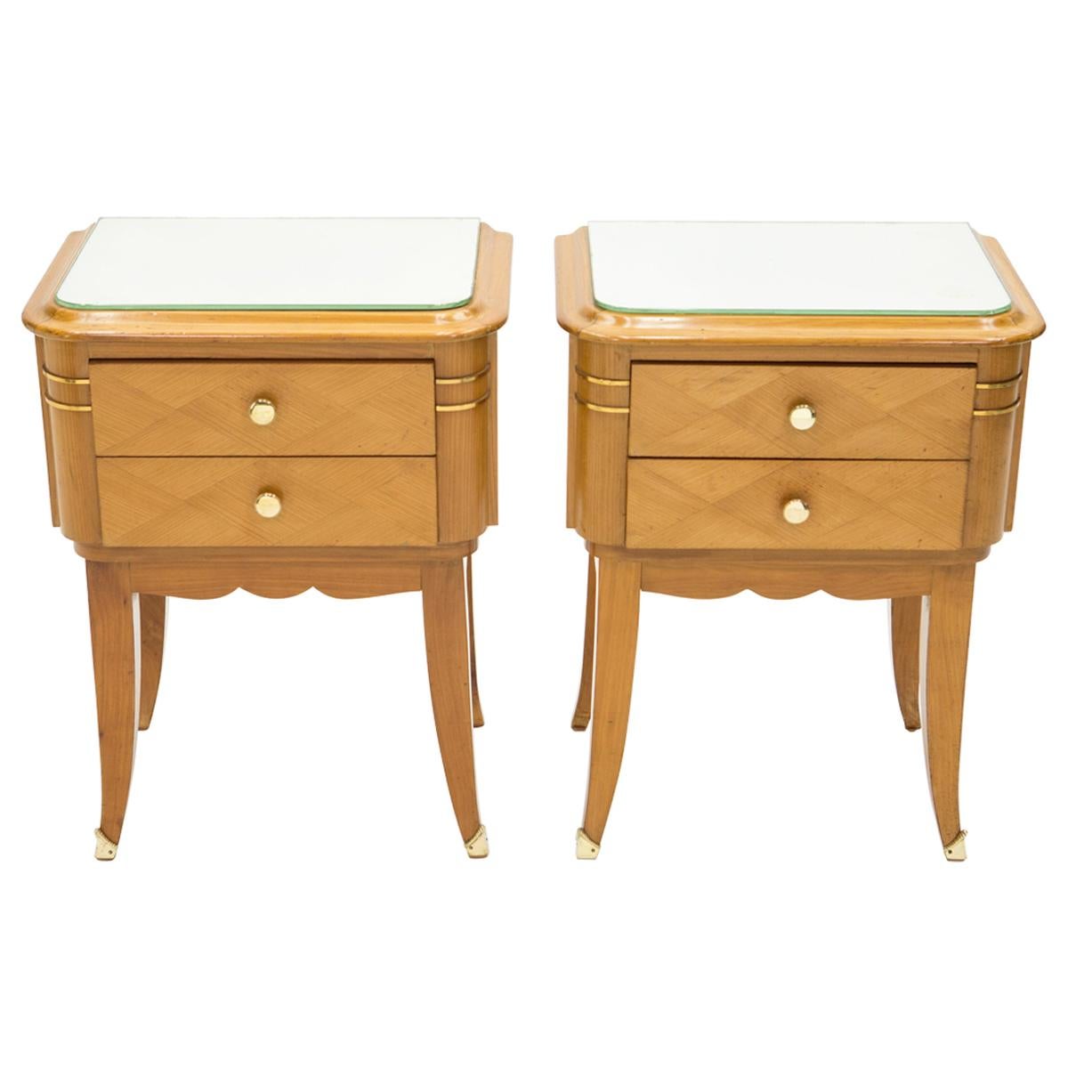 French Sycamore Brass Nightstands 2 Drawers by Jean Pascaud, 1940s For Sale
