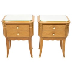 Retro French Sycamore Brass Nightstands 2 Drawers by Jean Pascaud, 1940s