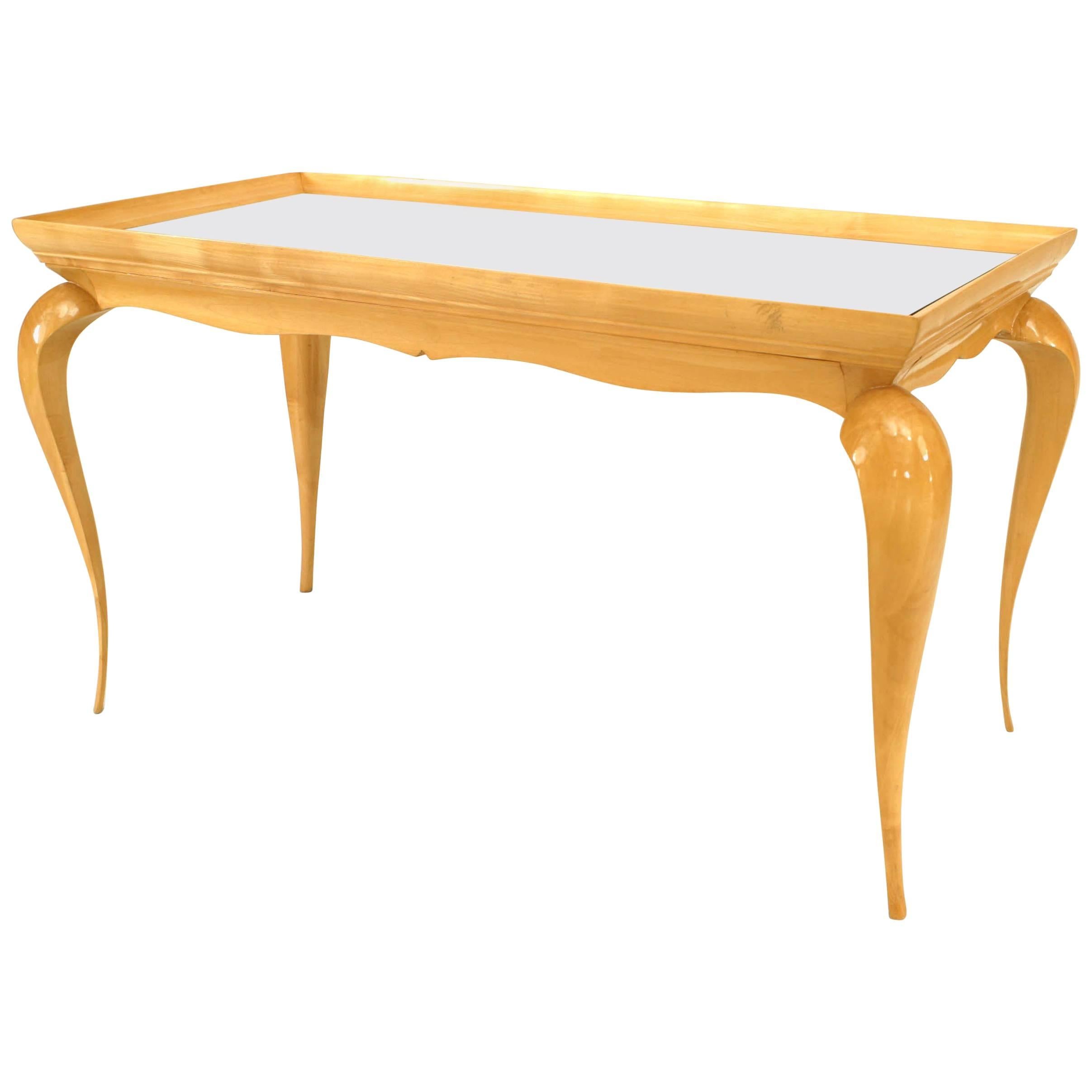 Table basse rectangulaire française en sycomore avec plateau en miroir