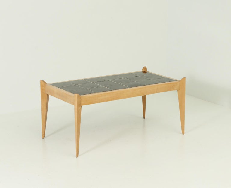 French Sycamore Coffee Table with Inlaid Ceramic, 1940's For Sale