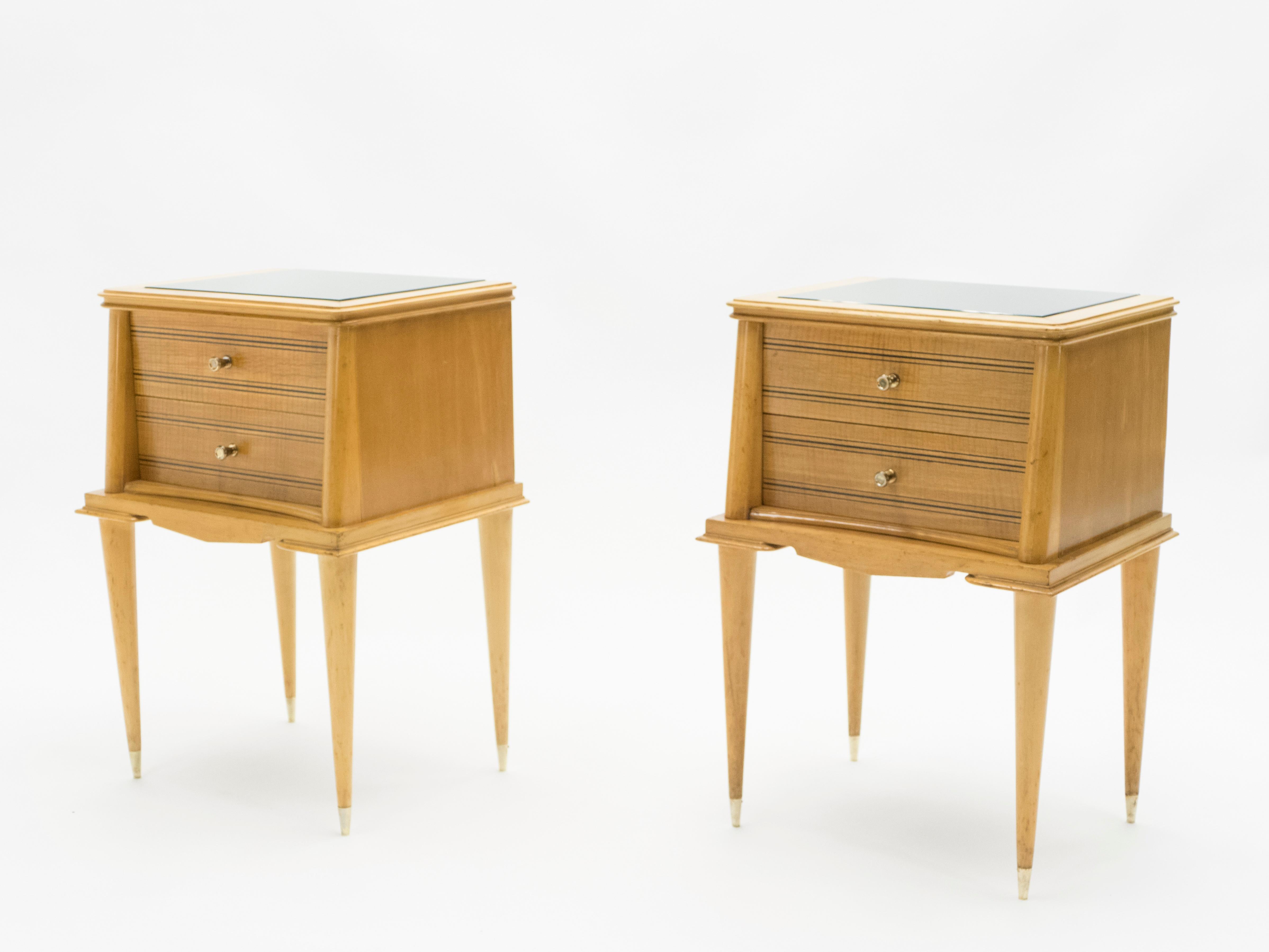 French Sycamore Nightstands 2 Drawers Attributed to Suzanne Guiguichon, 1950s For Sale 9