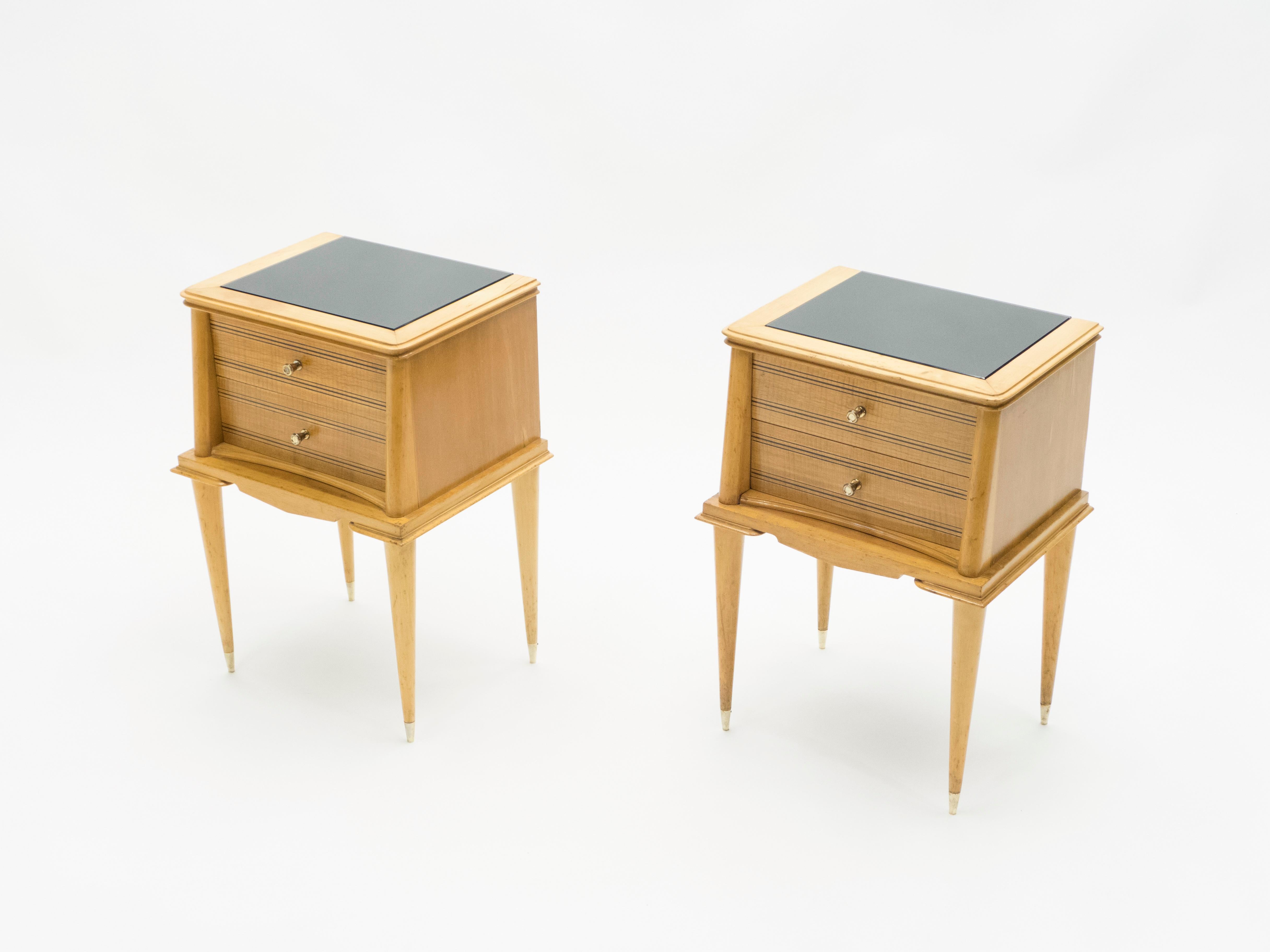 Mid-Century Modern French Sycamore Nightstands 2 Drawers Attributed to Suzanne Guiguichon, 1950s For Sale