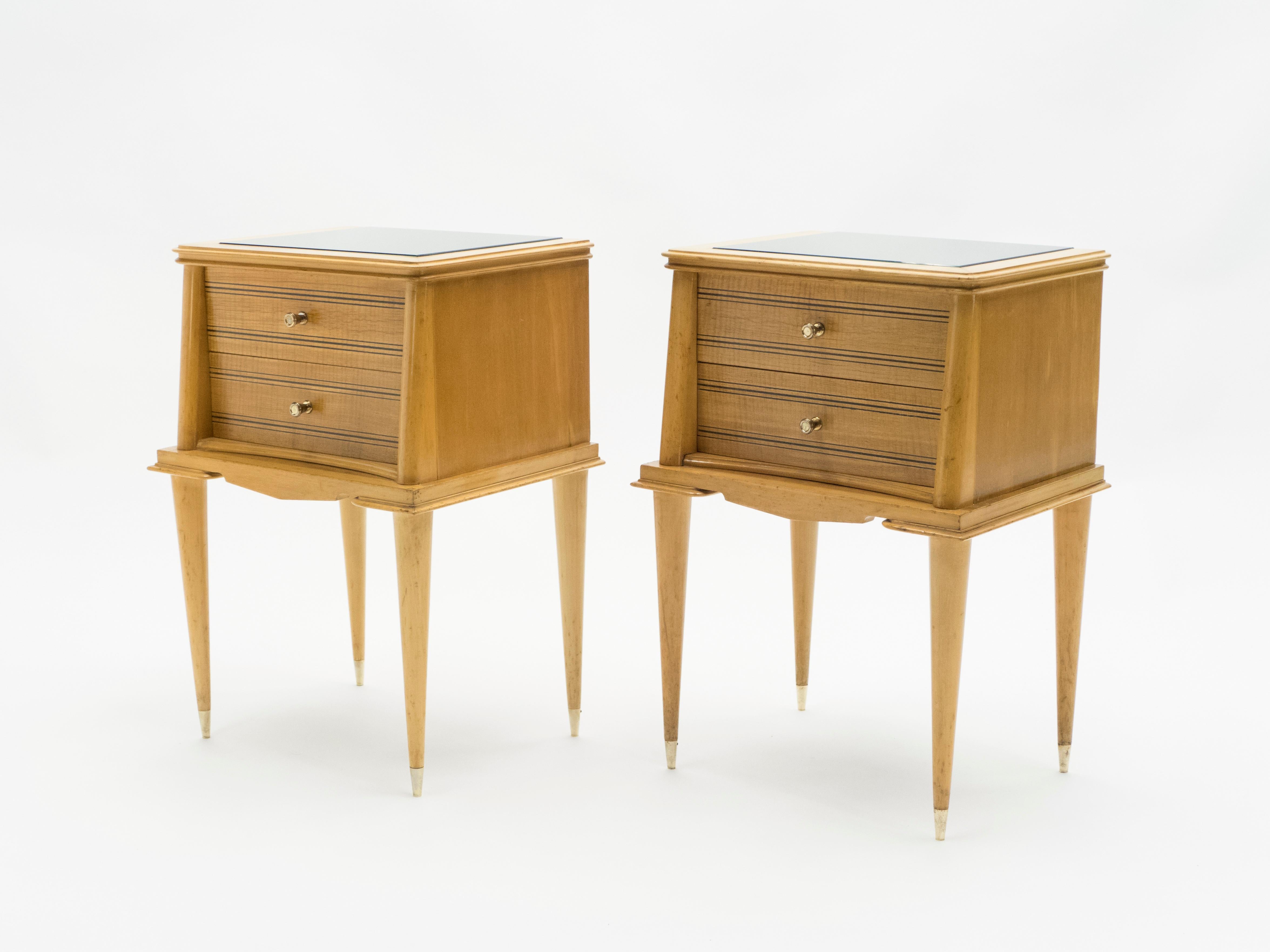 French Sycamore Nightstands 2 Drawers Attributed to Suzanne Guiguichon, 1950s In Good Condition For Sale In Paris, IDF