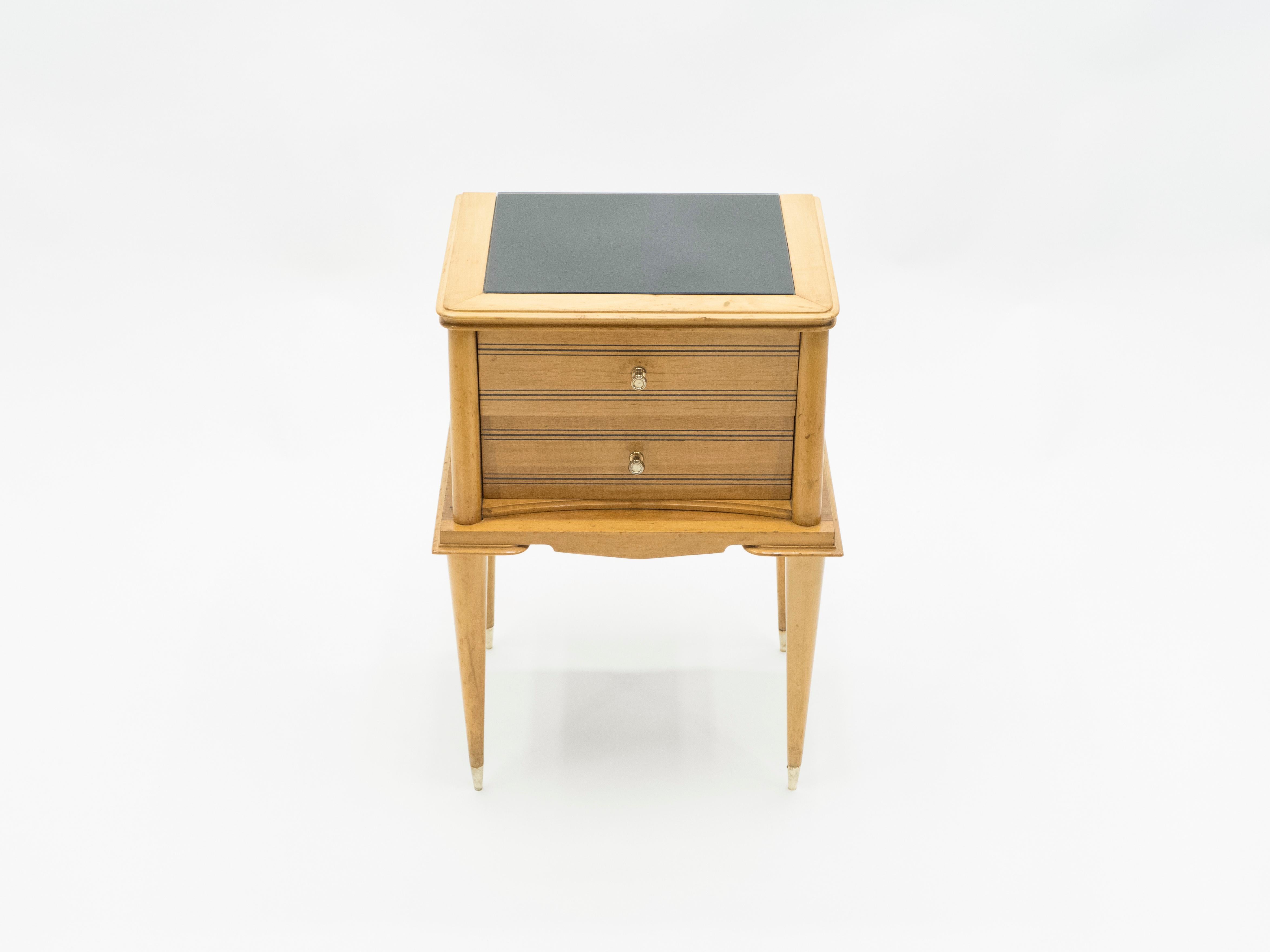 Brass French Sycamore Nightstands 2 Drawers Attributed to Suzanne Guiguichon, 1950s For Sale