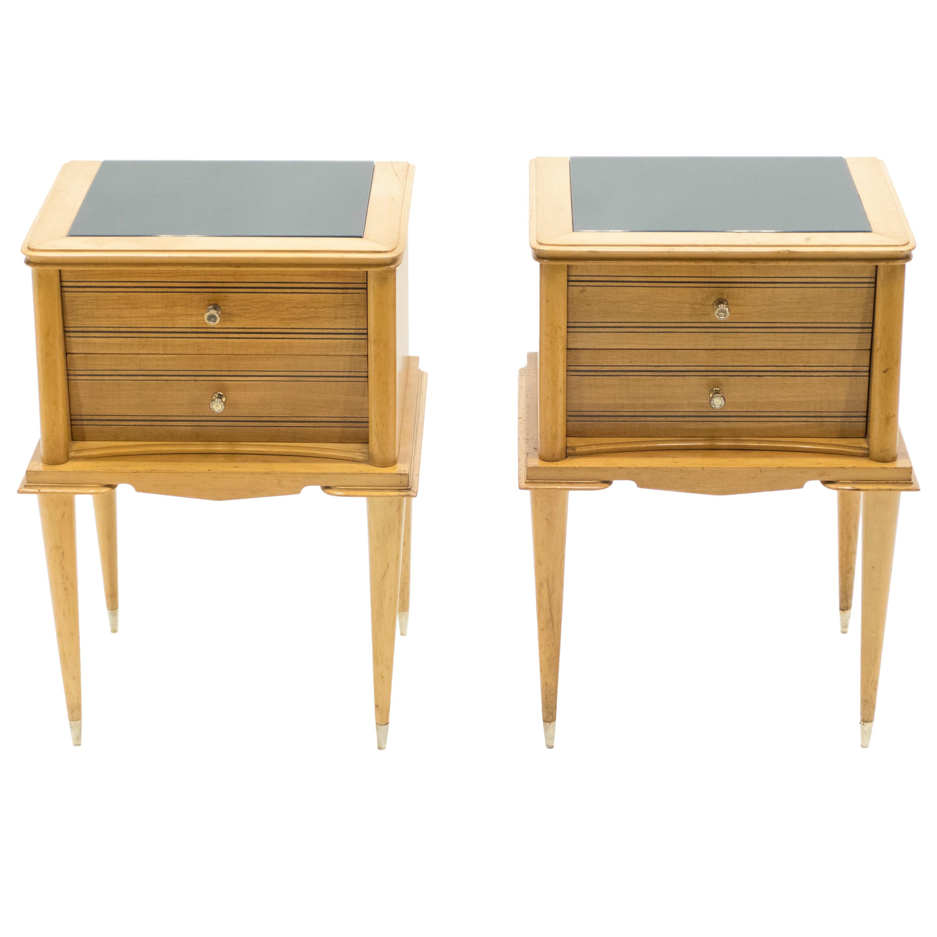 French Sycamore Nightstands 2 Drawers Attributed to Suzanne Guiguichon, 1950s
