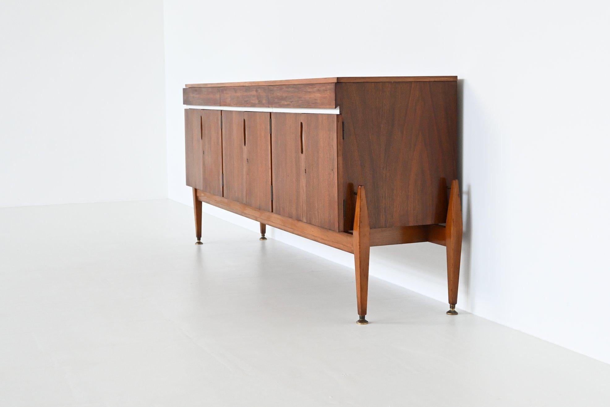Mid-Century Modern French symmetric sideboard walnut and brass France 1960 For Sale