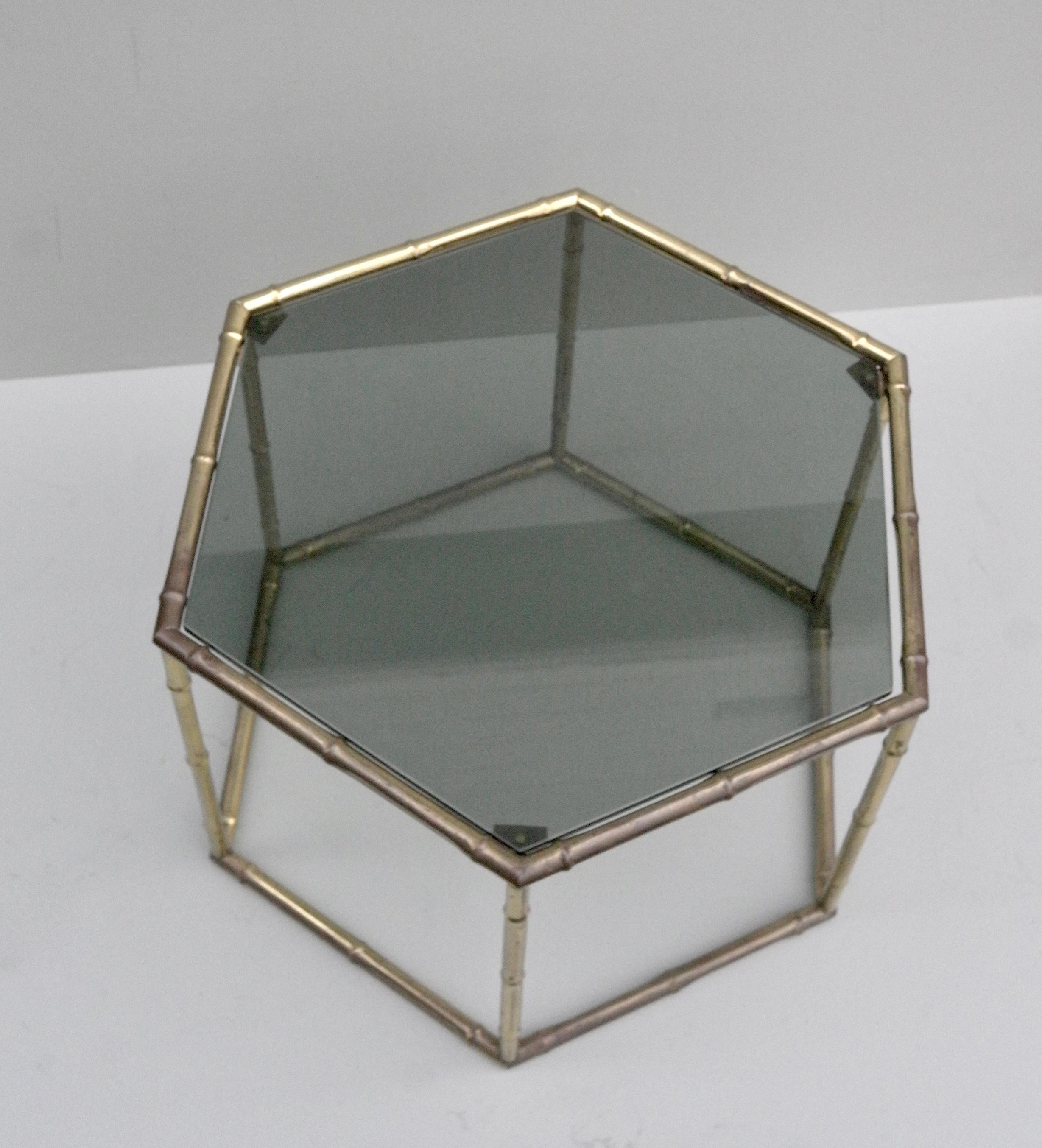 French Symmetrical Gold Metal Bamboo Side Table with Dark Glass Top For Sale 4