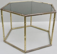 French Symmetrical Gold Metal Bamboo Side Table with Dark Glass Top