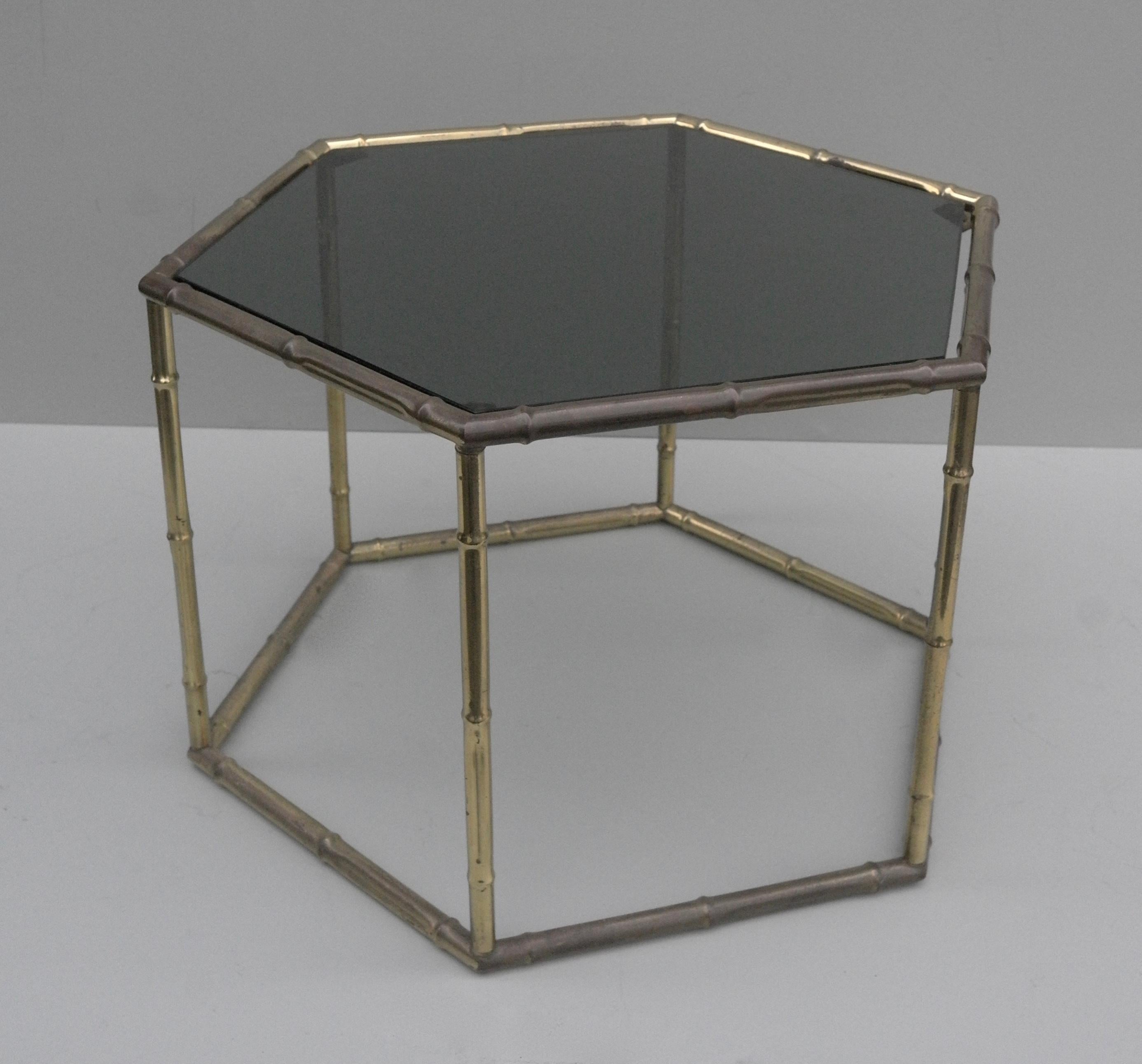 Mid-Century Modern French Symmetrical Gold Metal Bamboo Side Table with Dark Glass Top For Sale