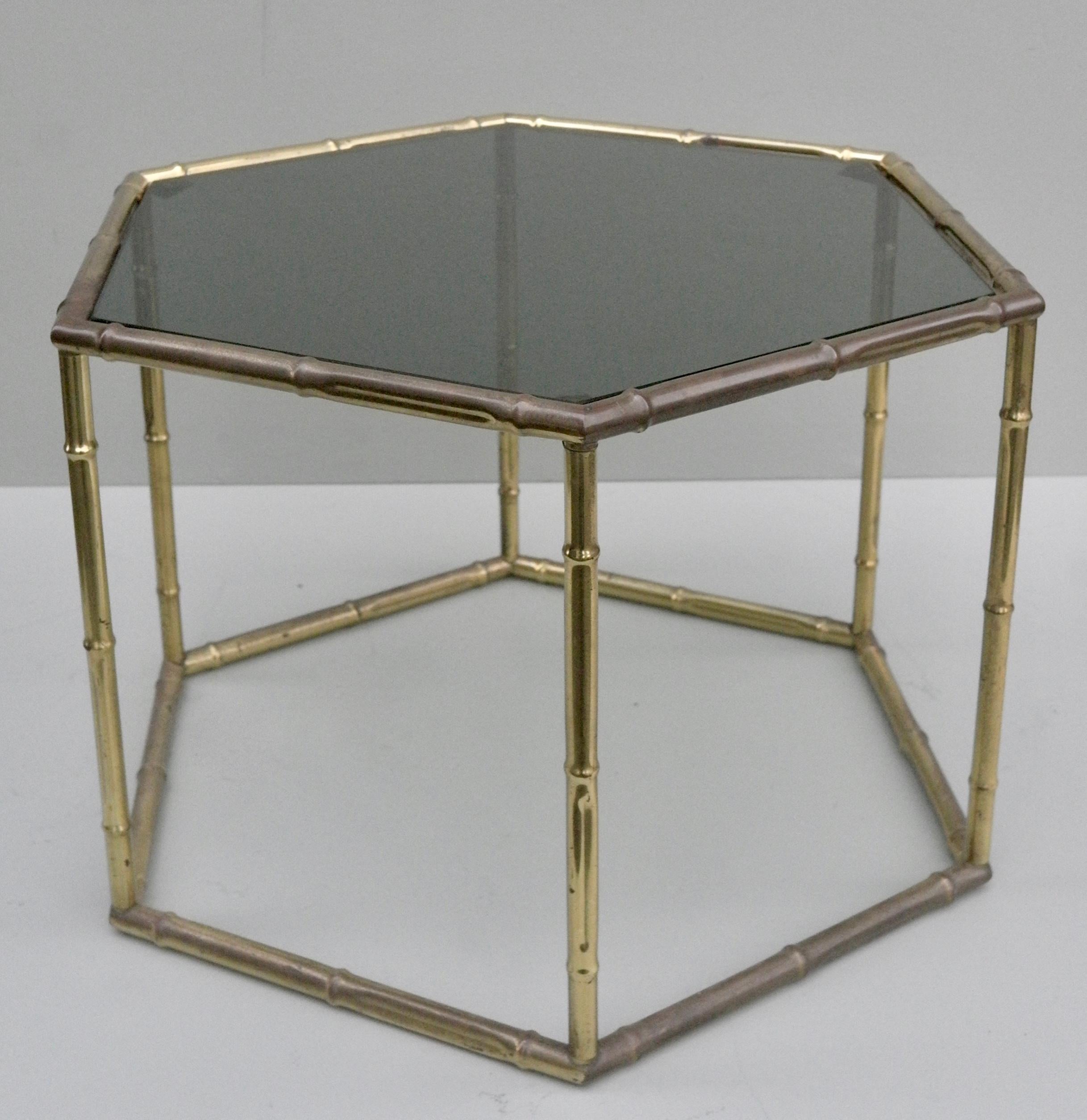 Mid-20th Century French Symmetrical Gold Metal Bamboo Side Table with Dark Glass Top For Sale