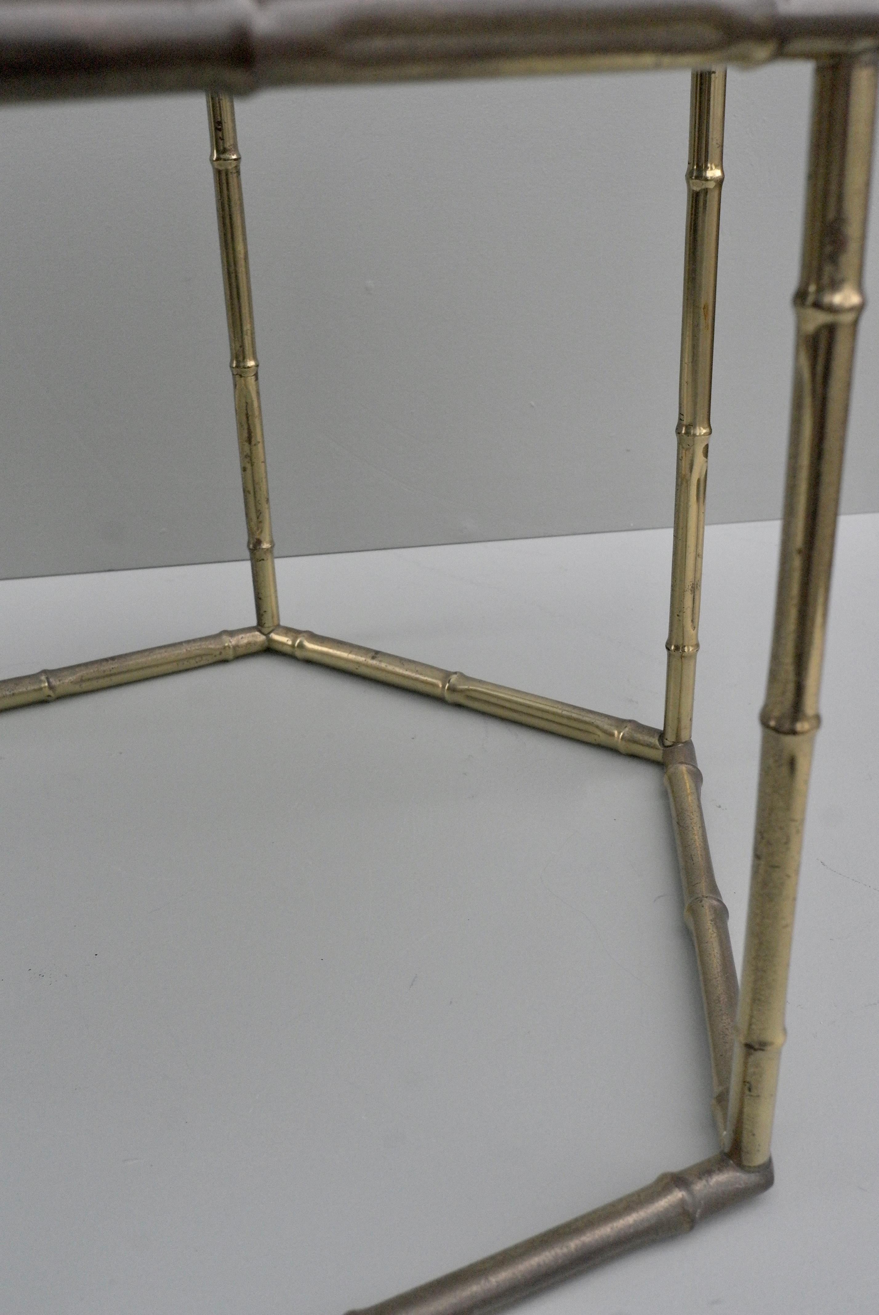 French Symmetrical Gold Metal Bamboo Side Table with Dark Glass Top For Sale 1